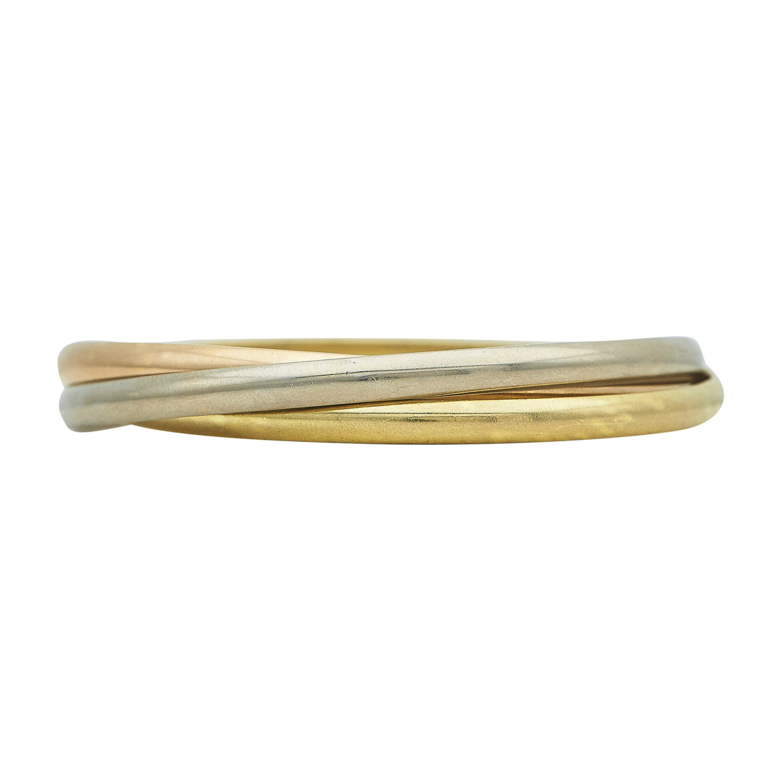 Cartier Trinity 18K Tri-Color Gold Bangle Bracelet: BRAND: Cartier; COLLECTION: Trinity; METAL: 18K Tri-Color; STAMPED: ©, MD, 750, Cartier, serial number; CONDITION: Pre-owned, Good; ITEM WEIGHT (GRAMS): 62 g; MEASUREMENTS: Bracelet interior diameter