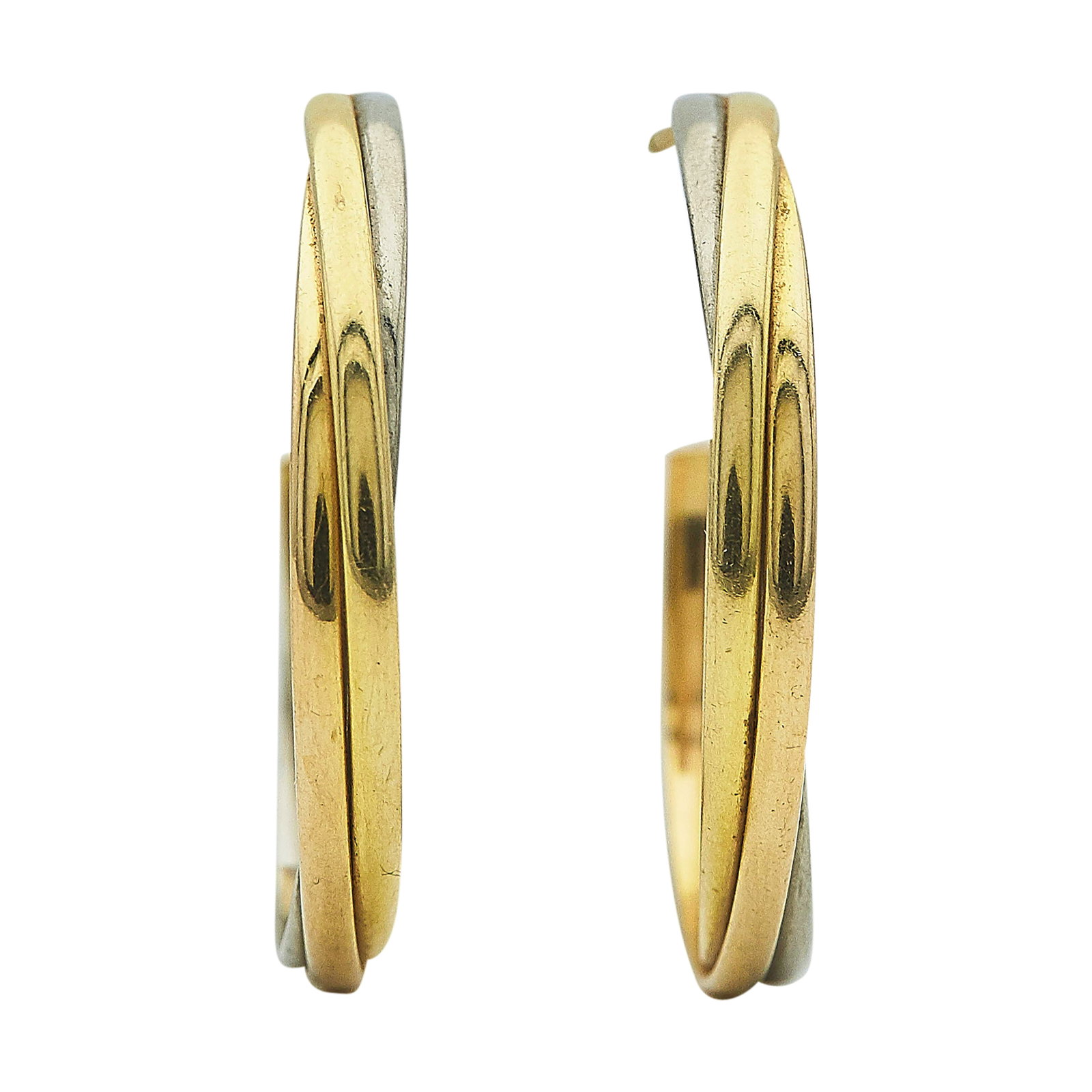 Cartier Trinity 18K Tri-Color Gold Hoop Earrings: BRAND: Cartier; COLLECTION: Trinity; METAL: 18K Tri-Color; STAMPED: ©, 750, Cartier, Maker's mark, serial number; CONDITION: Pre-owned, Good; ITEM WEIGHT (GRAMS): 10.66 g; MEASUREMENTS: Earrings 1 1/
