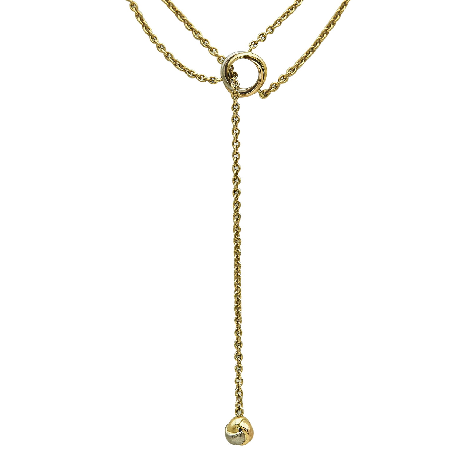 Cartier Trinity 18K Tri-Color Pendant Chain Necklace: BRAND: Cartier; COLLECTION: Trinity; METAL: 18K Tri-Color; STAMPED: Cartier, ©, 750 serial number, maker's mark; CONDITION: Pre-owned, Good; ITEM WEIGHT (GRAMS): 17.7 g; MEASUREMENTS: Necklace 14 3/4