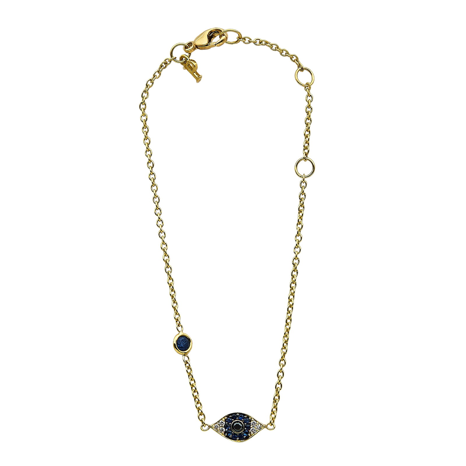Penny Preville 18K Yellow Gold, Sapphire, and Diamond Evil Eye Bracelet: BRAND: Penny Preville; METAL: 18K Yellow Gold; APPROXIMATE TOTAL DIAMOND WEIGHT: 0.05 ctw; GEMSTONES: Sapphire; STAMPED: 750; CONDITION: Pre-owned, Very Good; ITEM WEIGHT (GRAMS): 2.4 g; MEASUREMENTS: