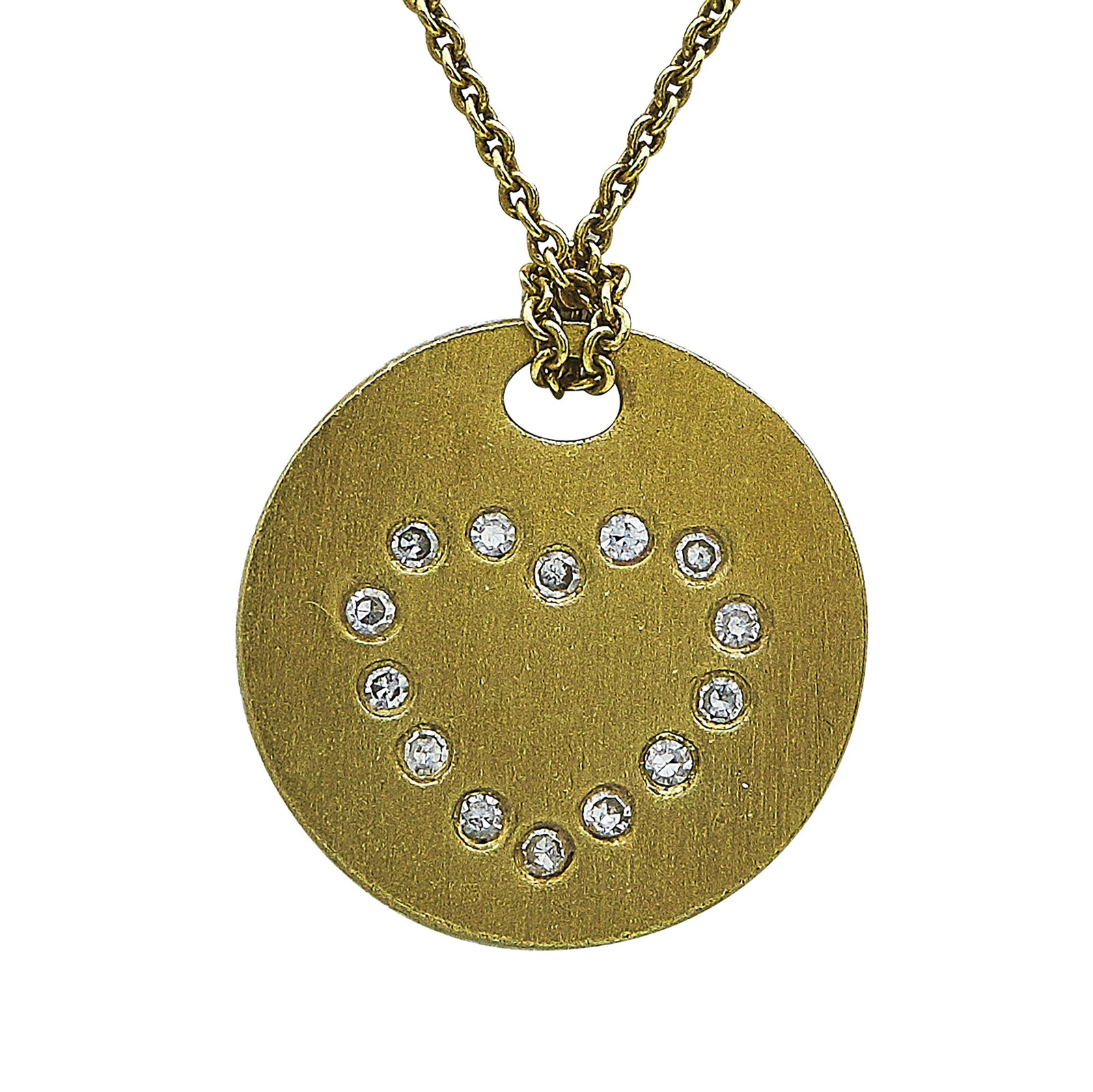 Roberto Coin 18K Yellow Gold and Diamond Heart Medallion Necklace: BRAND: Roberto Coin; METAL: 18K Yellow Gold; APPROXIMATE TOTAL DIAMOND WEIGHT: 0.07 ctw; STAMPED: 18K, RC, Personal engraving; CONDITION: Pre-owned, Good; ITEM WEIGHT (GRAMS): 3.54 g; MEASUREMENTS: Ch