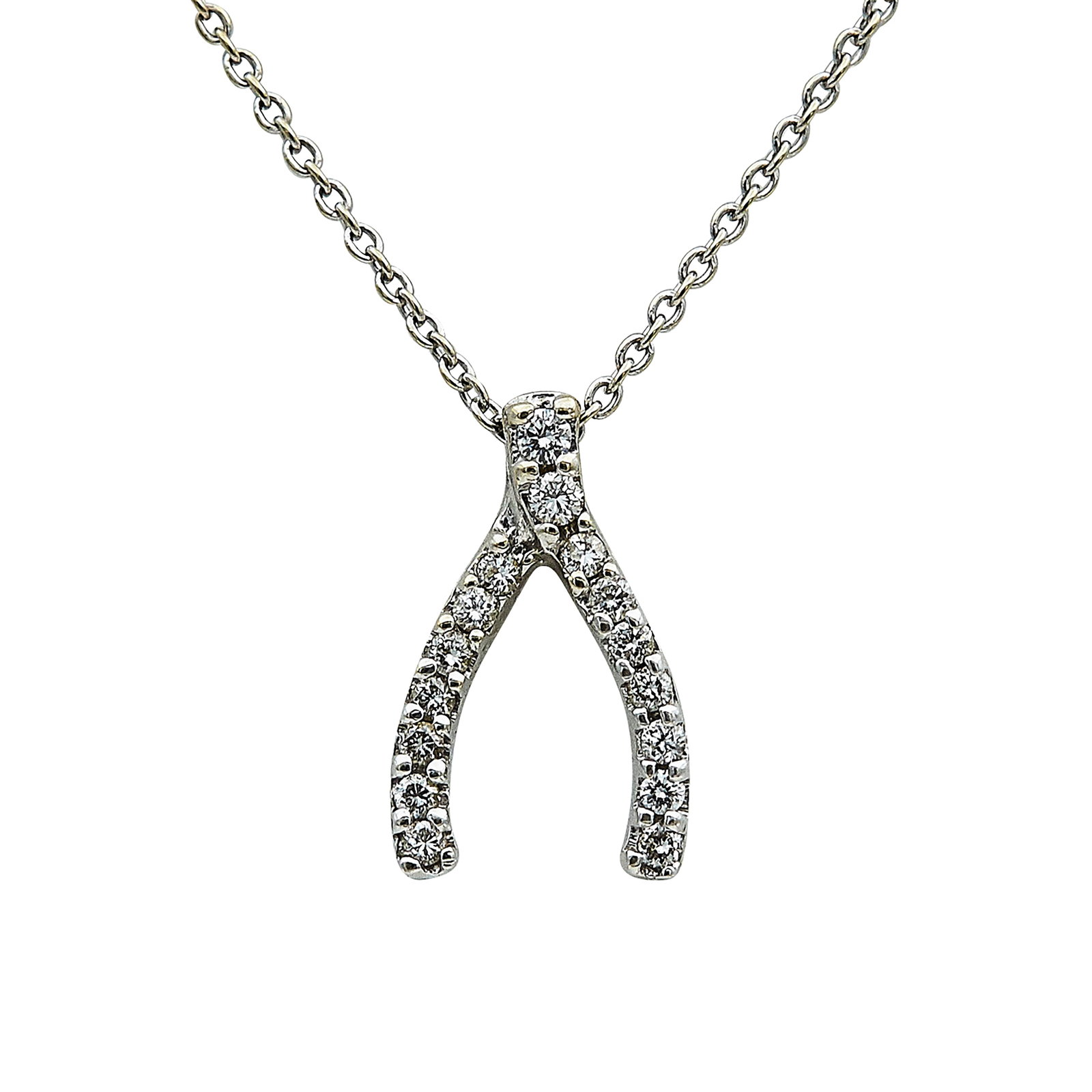Roberto Coin Tiny Treasures 18K White Gold and Diamond Wishbone Necklace: BRAND: Roberto Coin; COLLECTION: Tiny Treasures; METAL: 18K White Gold; APPROXIMATE TOTAL DIAMOND WEIGHT: 0.12 ctw; STAMPED: 18KT, Serial number, Italy, Italian workshop mark; CONDITION: Pre-owned, Ve