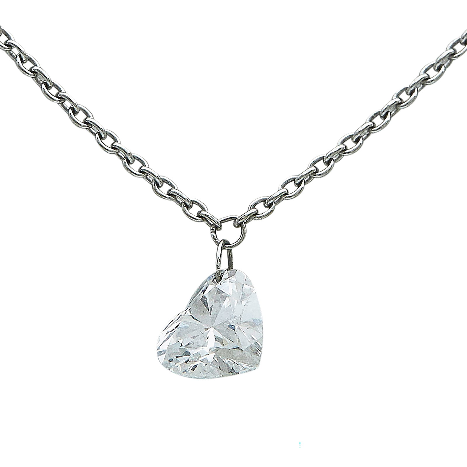 14K White Gold and Diamond Heart Pendant Necklace: METAL: 14K White Gold; SHAPE: HB; APPROXIMATE TOTAL DIAMOND WEIGHT: 0.62 ctw; STAMPED: 14KT, Cal.F; CONDITION: Pre-owned, Good; ITEM WEIGHT (GRAMS): 1.9 g; MEASUREMENTS: Chain approx. 18 inches long, 