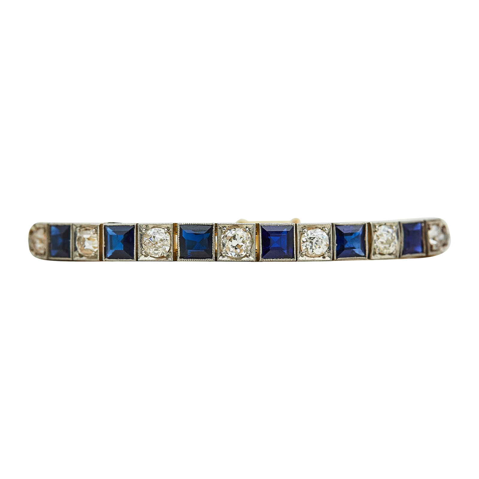 Art Deco Platinum-Topped 18K Yellow Gold, Diamond, and Synthetic Sapphires Bracelet: METAL: 18K Yellow Gold/Platinum; APPROXIMATE TOTAL DIAMOND WEIGHT: 1.45 ctw; GEMSTONES: Synthetic Sapphires; TESTED: 18K Yellow Gold/Platinum; CONDITION: Pre-owned, Good; ITEM WEIGHT (GRAMS): 12.9 g; 