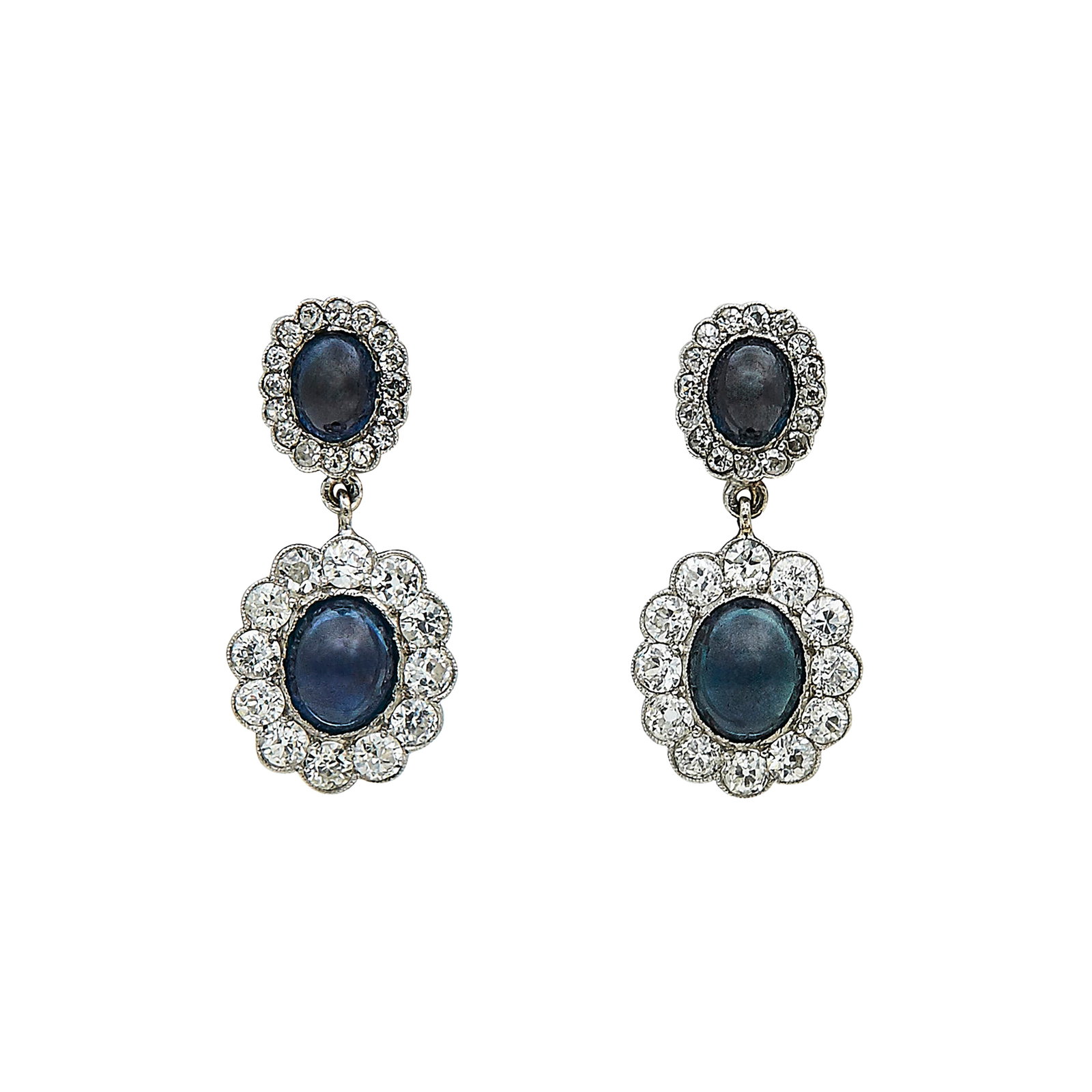 Platinum, Sapphire, and Diamond Cluster Drop Earrings: METAL: Platinum; APPROXIMATE TOTAL DIAMOND WEIGHT: 1.62 ctw; GEMSTONES: Sapphire; TESTED: Platinum; CONDITION: Pre-owned, Very Good; ITEM WEIGHT (GRAMS): 5.1 g; MEASUREMENTS: Earrings approx. 1 inch l