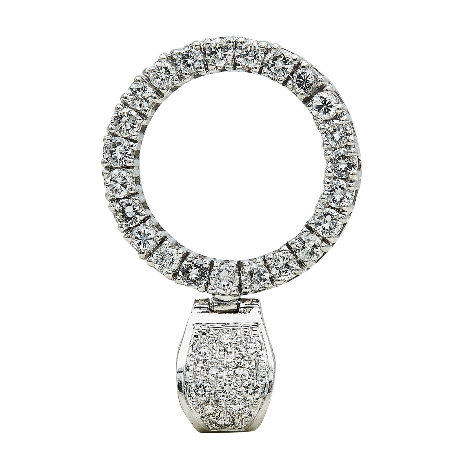 18K White Gold and Diamond Circle Pendant: METAL: 18K White Gold; APPROXIMATE TOTAL DIAMOND WEIGHT: 2.56 ctw; TESTED: 18K White Gold; CONDITION: Pre-owned, Very Good; ITEM WEIGHT (GRAMS): 10.8 g; MEASUREMENTS: Pedant 1 7/16 inch long including
