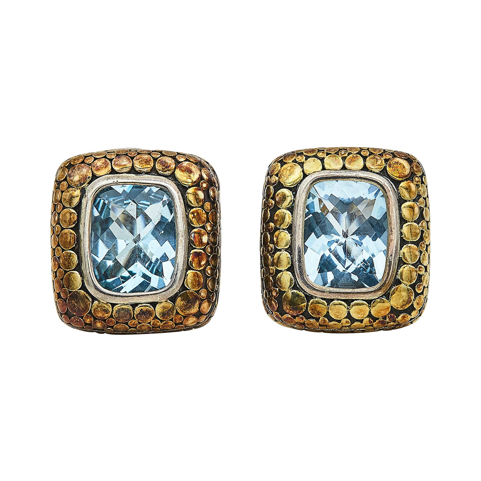 John Hardy Sterling Silver and 18K Yellow Gold Blue Topaz Earrings: BRAND: John Hardy; METAL: 18K Yellow Gold/Silver; GEMSTONES: Blue Topaz; STAMPED: JH, 18K, 925; CONDITION: Pre-owned, Very Good; ITEM WEIGHT (GRAMS): 16.8 g; MEASUREMENTS: Earrings 3/4 inch long x 10/