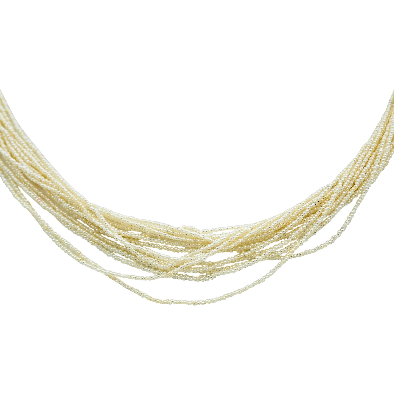 18K Yellow Gold, Seed-Pearl, Onyx, and Diamond Multistrand Necklace: METAL: 18K Yellow Gold; APPROXIMATE TOTAL DIAMOND WEIGHT: 0.08 ctw; GEMSTONES: Seed Pearl and Onyx; STAMPED: 18K, Maker's marks, 750; CONDITION: Pre-owned, Good; ITEM WEIGHT (GRAMS): 14 g; MEASUREMENT