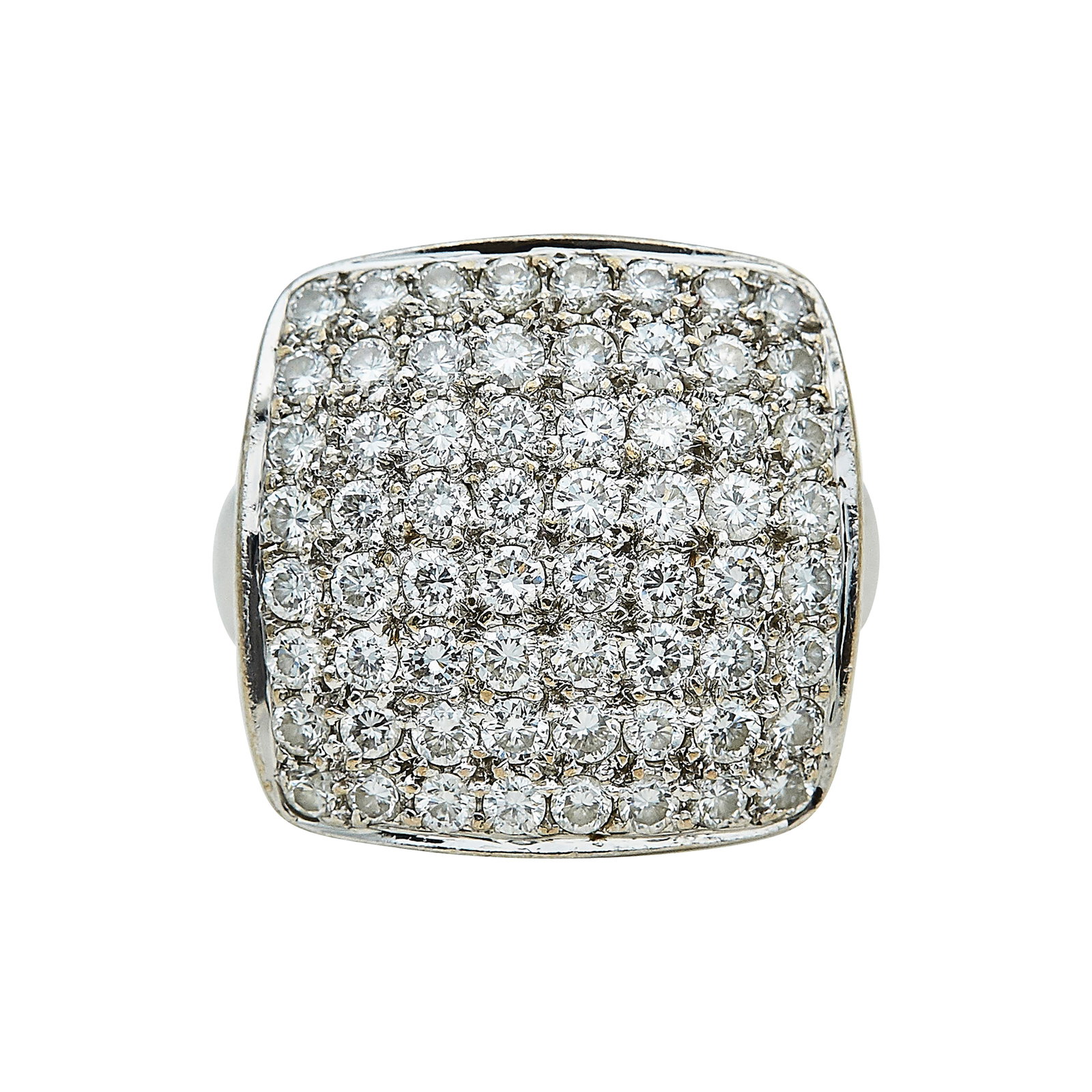 18K White Gold and Diamond Pave Square Ring: METAL: 18K White Gold; APPROXIMATE TOTAL DIAMOND WEIGHT: 1.60 ctw; STAMPED: 750, Maker's mark; CONDITION: Pre-owned, Very Good; ITEM WEIGHT (GRAMS): 12.1 g; MEASUREMENTS: Ring size 6 3/4
