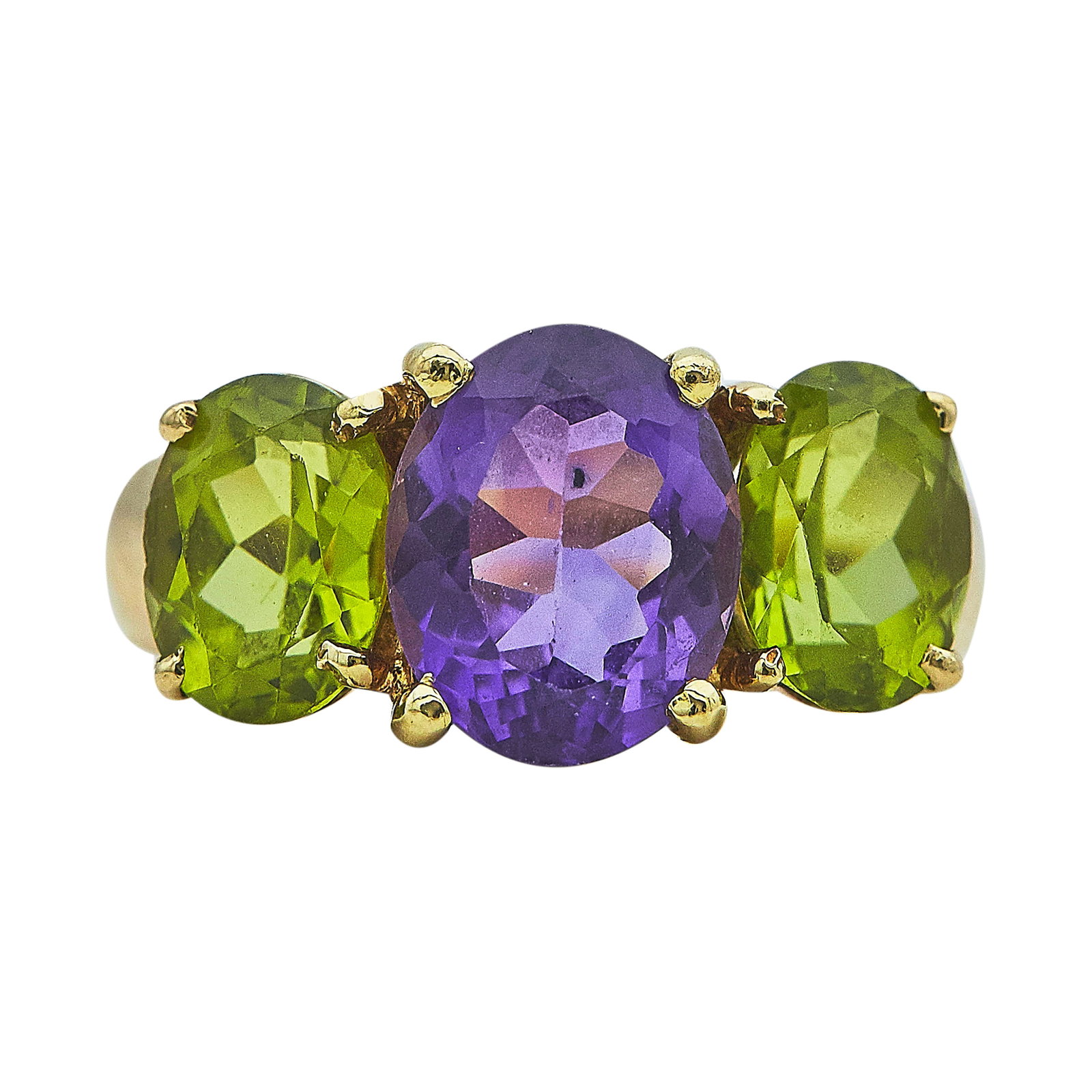 18K Yellow Gold, Amethyst, and Peridot Ring: METAL: 18K Yellow Gold; GEMSTONES: Amethyst and Peridot; STAMPED: 750; CONDITION: Pre-owned, Good; ITEM WEIGHT (GRAMS): 7.1 g; MEASUREMENTS: Ring size 6 3/4; ADDITIONAL COMMENTS: Shank splitting - Rep