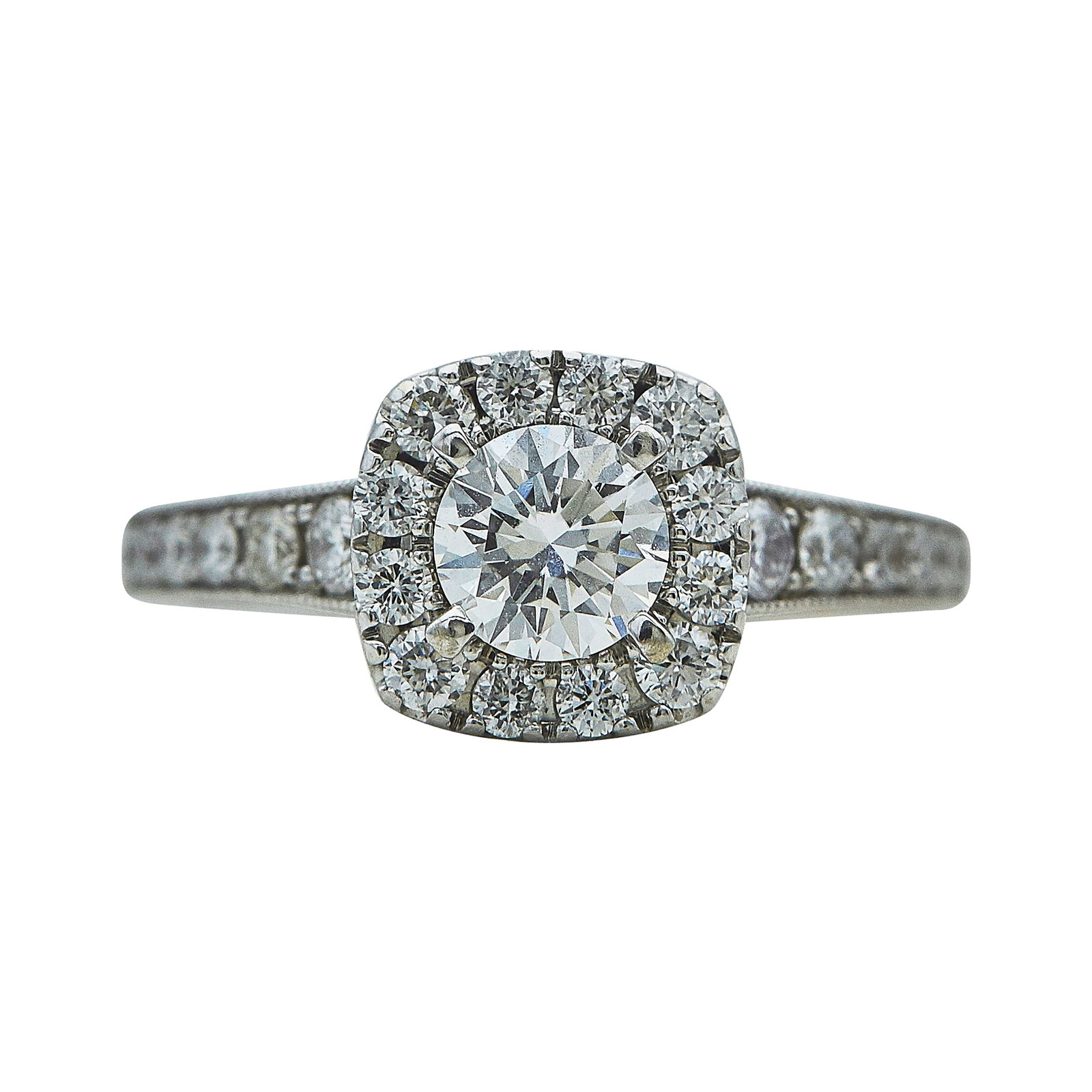 Neil Lane 14K White Gold and Diamond Engagement Ring: METAL: 14K White Gold; APPROXIMATE TOTAL DIAMOND WEIGHT: 1.31 ctw; GEMSTONES: Center approx. 0.60 carat, Weight estimated by formula; STAMPED: 14K, Neil Lane; CONDITION: Pre-owned, Good; ITEM WEIGHT (