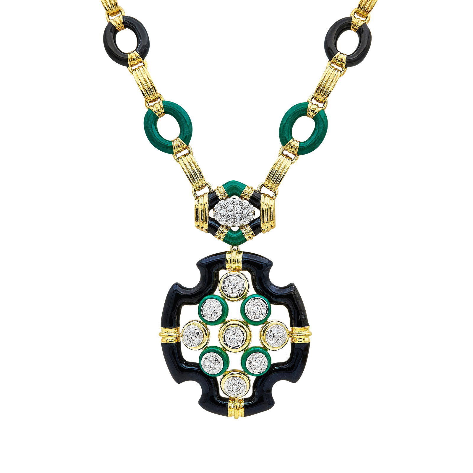18K Yellow Gold, Enamel, and Diamond Statement Removable Pendant Statement Necklace: METAL: 18K Yellow Gold; APPROXIMATE TOTAL DIAMOND WEIGHT: 2.34 ctw; GEMSTONES: Green and Black Enamel, Chipped enamel on links throughout necklace; TESTED: 18K Yellow Gold; CONDITION: Pre-owned, Good;