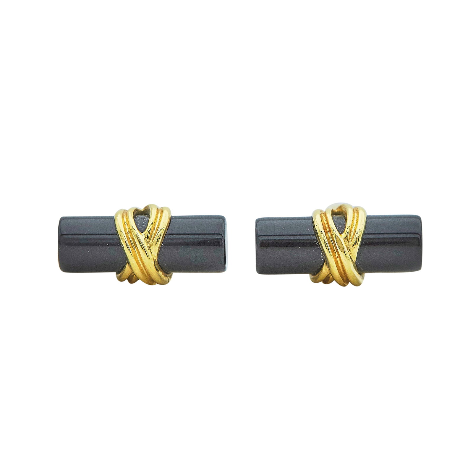 Tiffany & Co. 18K Yellow Gold and Onyx Baton Cufflinks: BRAND: Tiffany & Co.; METAL: 18K Yellow Gold; GEMSTONES: Onyx; STAMPED: Tiffany & Co., 750; CONDITION: Pre-owned, Very Good; ITEM WEIGHT (GRAMS): 13.7 g; MEASUREMENTS: Cufflinks approx. 15/16 inch lon