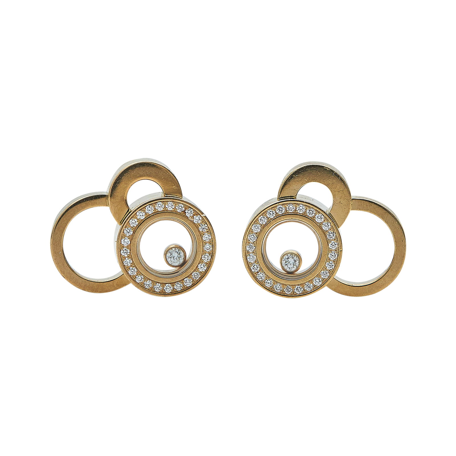 Chopard Happy Bubble 18K Rose Gold and Diamond Stud Earrings: BRAND: Chopard; COLLECTION: Happy Diamonds; METAL: 18K Rose Gold; APPROXIMATE TOTAL DIAMOND WEIGHT: 0.21 ctw; STAMPED: Chopard, French mark, Au750, Serial number; CONDITION: Pre-owned, Very Good; ITEM
