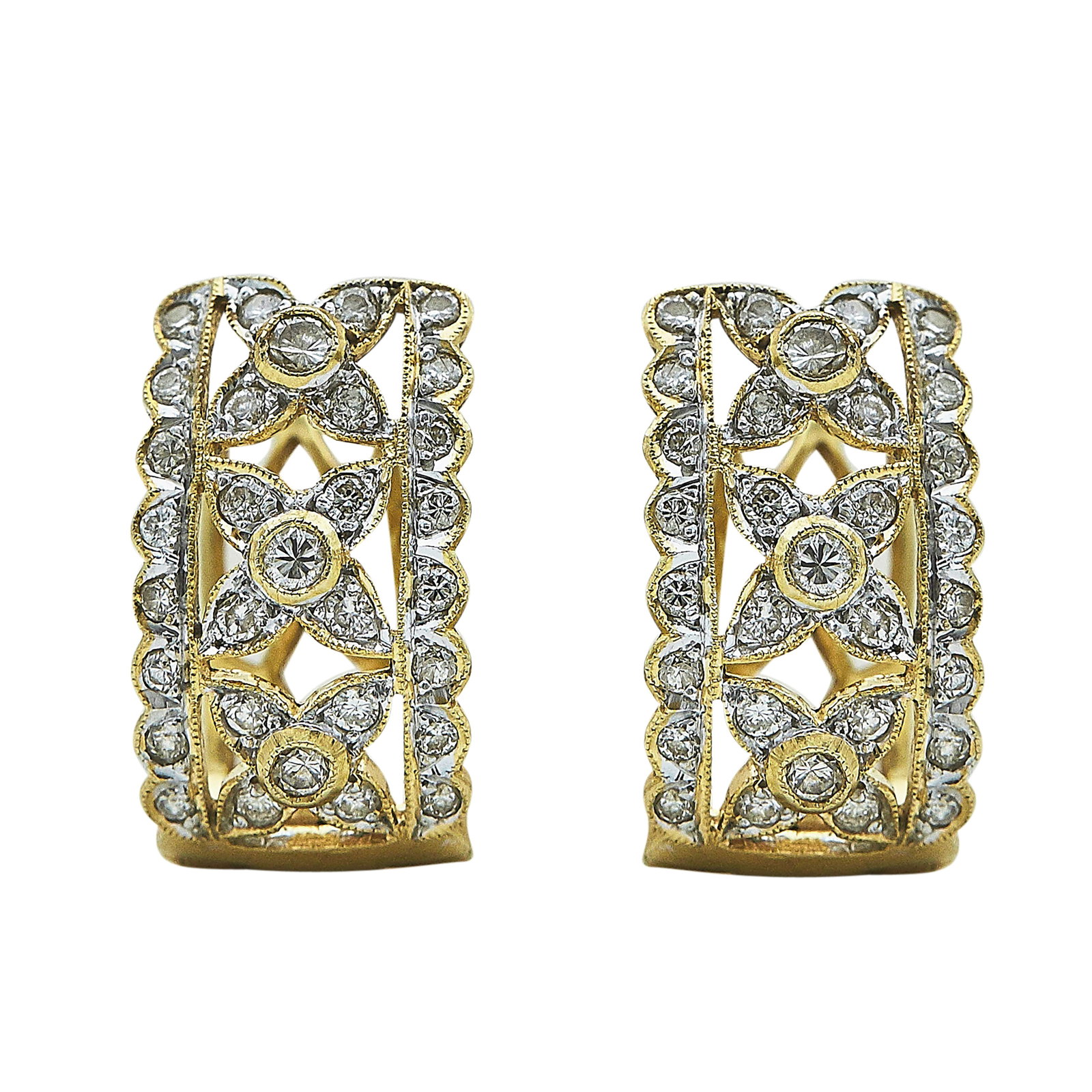 14K Yellow Gold and Diamond Floral Openwork Earrings: METAL: 14K Yellow Gold; APPROXIMATE TOTAL DIAMOND WEIGHT: 1.14 ctw; STAMPED: 14K; CONDITION: Pre-owned, Good; ITEM WEIGHT (GRAMS): 5.05 g; MEASUREMENTS: Earrings 5/8 inch long x 3/8 inch wide; ADDITIO