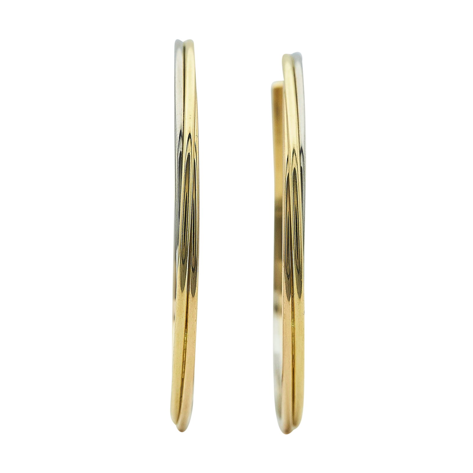 Cartier Trinity 18K Tri-Color Gold Hoop Earrings: BRAND: Cartier; COLLECTION: Trinity; METAL: 18K Tri-Color; STAMPED: ©, 750, Cartier, serial number; CONDITION: Pre-owned, Very Good; ITEM WEIGHT (GRAMS): 17 g; MEASUREMENTS: Earrings 2 1/4 inches in 