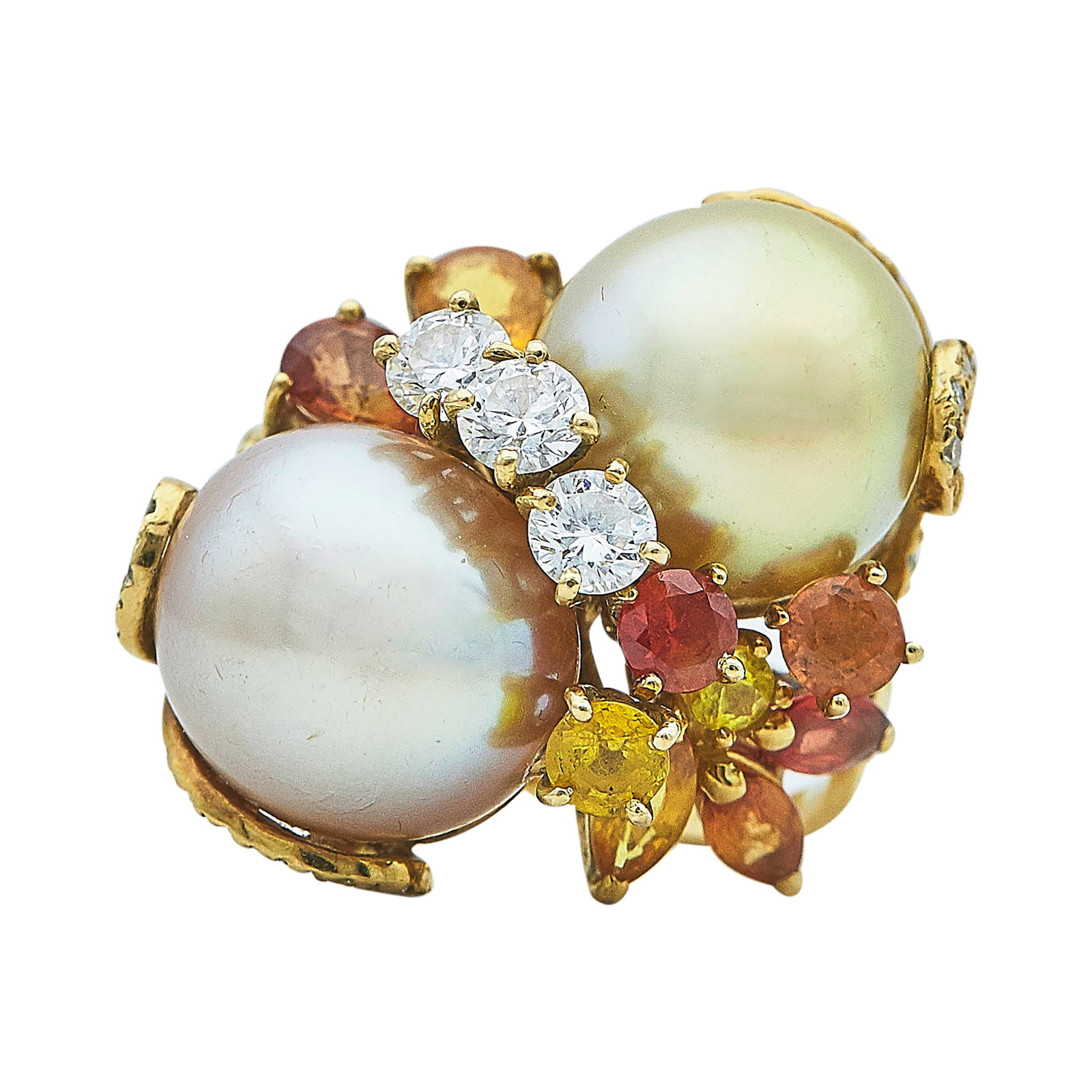 18K Yellow Gold, Pearl, Citrine and Diamond Cluster Ring: METAL: 18K Yellow Gold; APPROXIMATE TOTAL DIAMOND WEIGHT: 1.24 ctw; GEMSTONES: Pearls approx. 14.00 mm and 13.00 in diameter, Citrine; STAMPED: 750, THT; CONDITION: Pre-owned, Good; ITEM WEIGHT (GRAMS
