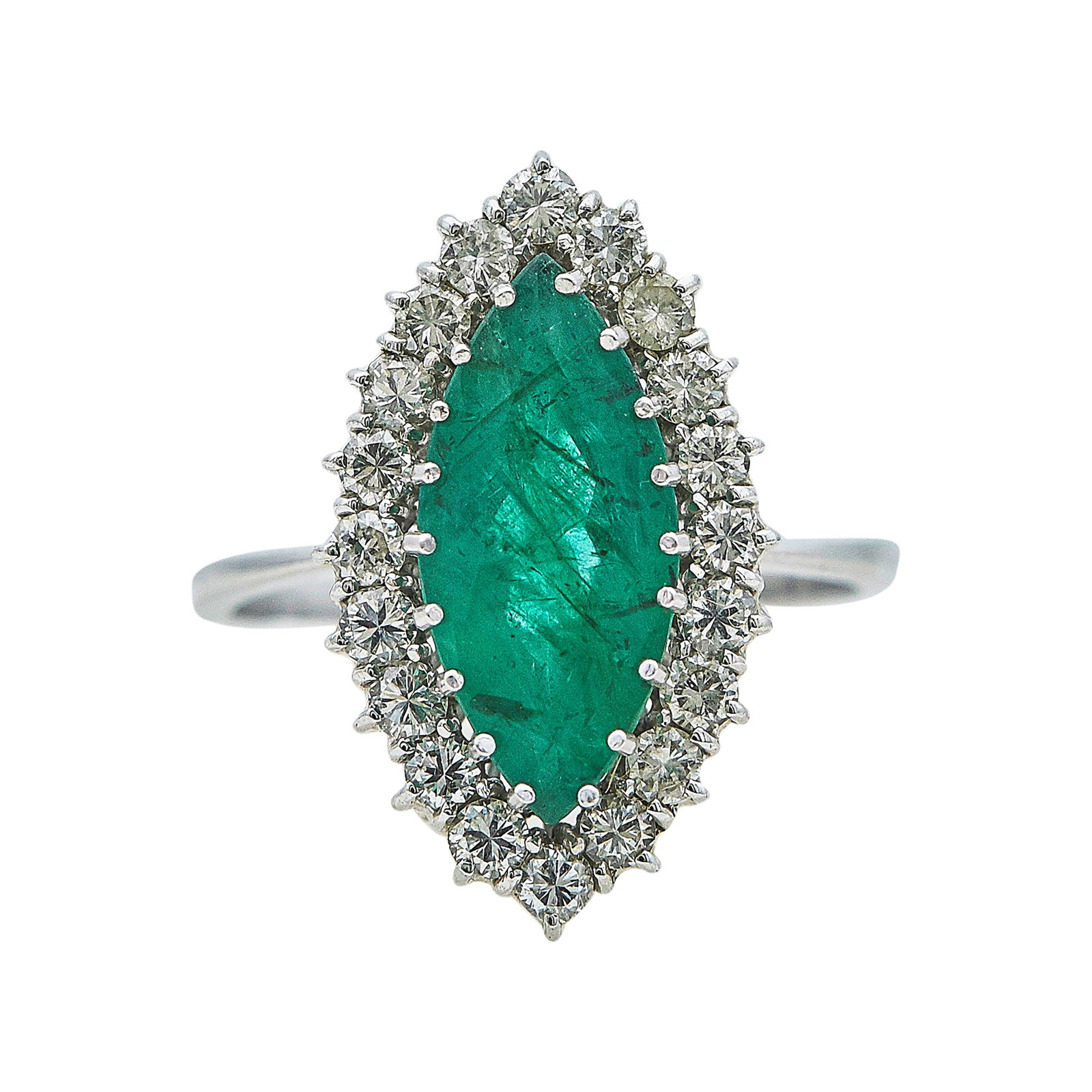 14K White Gold, Marquise Cut Emerald, and Diamond Ring: METAL: 14K White Gold; APPROXIMATE TOTAL DIAMOND WEIGHT: 0.60 ctw; GEMSTONES: Emerald approx. 15.70 mm x 7.20 mm; TESTED: 14K White Gold; CONDITION: Pre-owned, Good; ITEM WEIGHT (GRAMS): 4.8 g; MEASUR