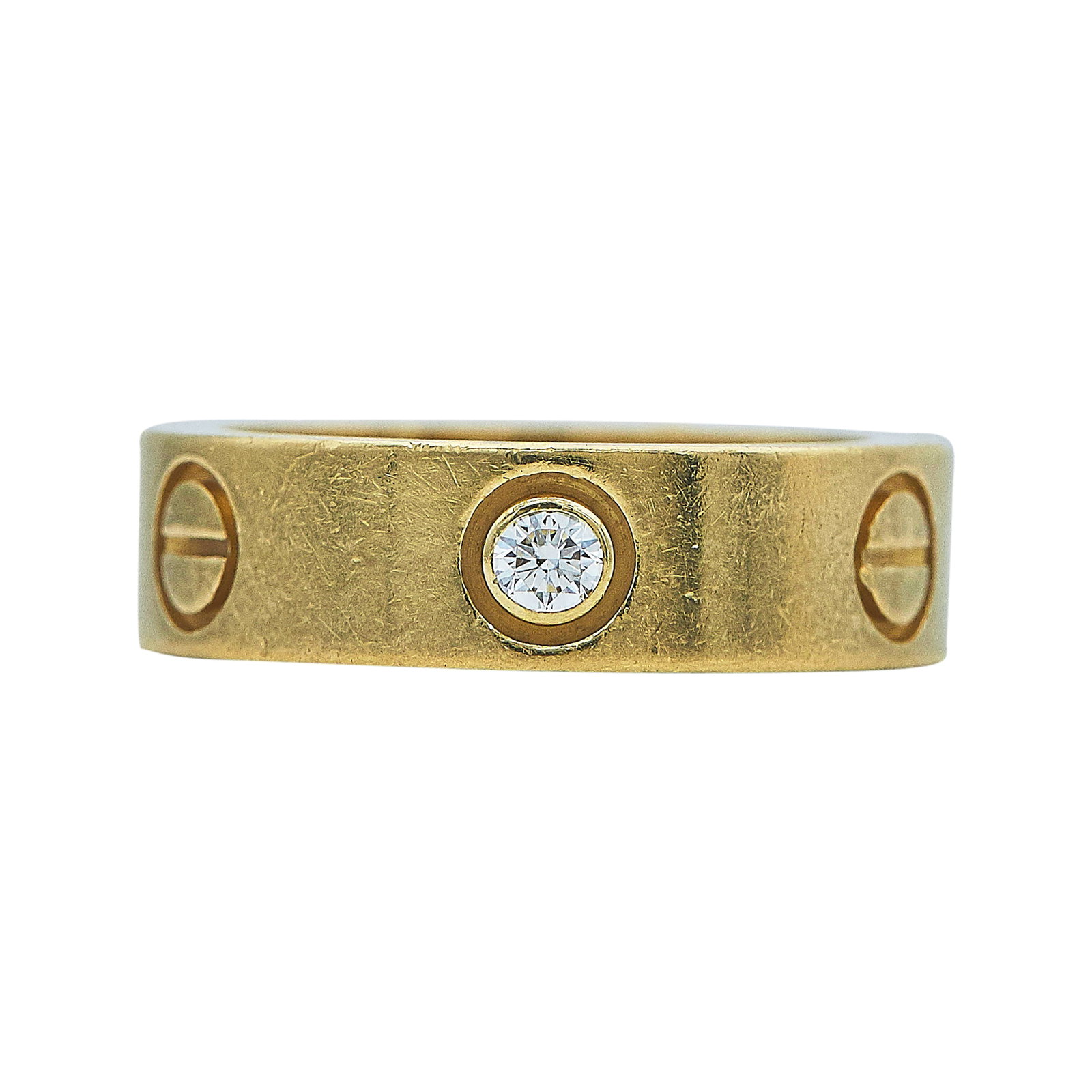 Cartier Love Classic Model 18K Yellow Gold and Three Diamond Band Ring: BRAND: Cartier; COLLECTION: Love; METAL: 18K Yellow Gold; APPROXIMATE TOTAL DIAMOND WEIGHT: 0.23 ctw; STAMPED: © Cartier, 51, Serial number, Au750, Maker's mark; CONDITION: Pre-owned, Good; ITEM WEIG