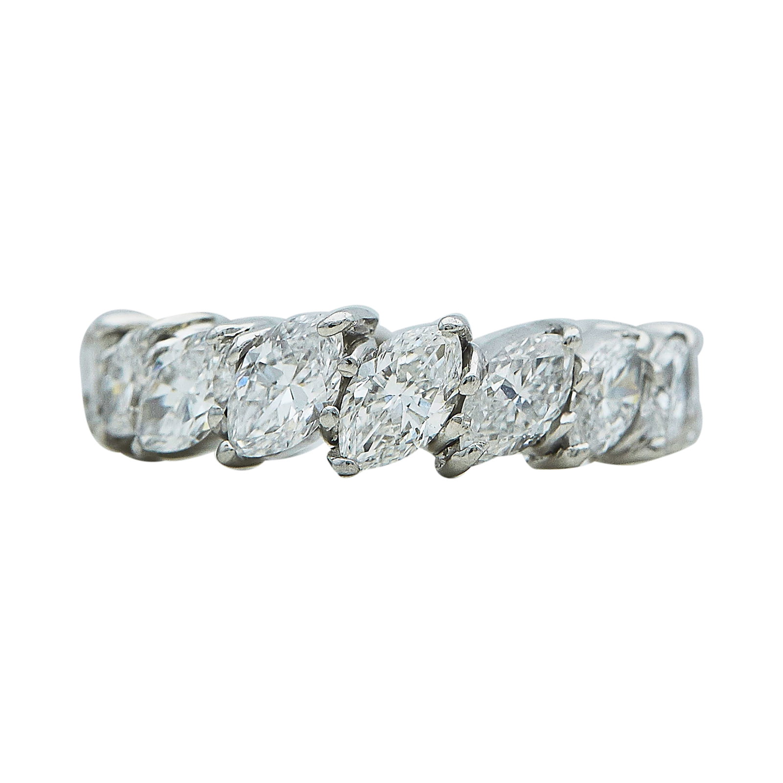 Platinum and Diamond Marquise Eternity Band Ring: METAL: Platinum; APPROXIMATE TOTAL DIAMOND WEIGHT: 3.50 ctw; STAMPED: 2500; TESTED: Platinum; CONDITION: Pre-owned, Very Good; ITEM WEIGHT (GRAMS): 6.9 g; MEASUREMENTS: Ring size 6 1/2