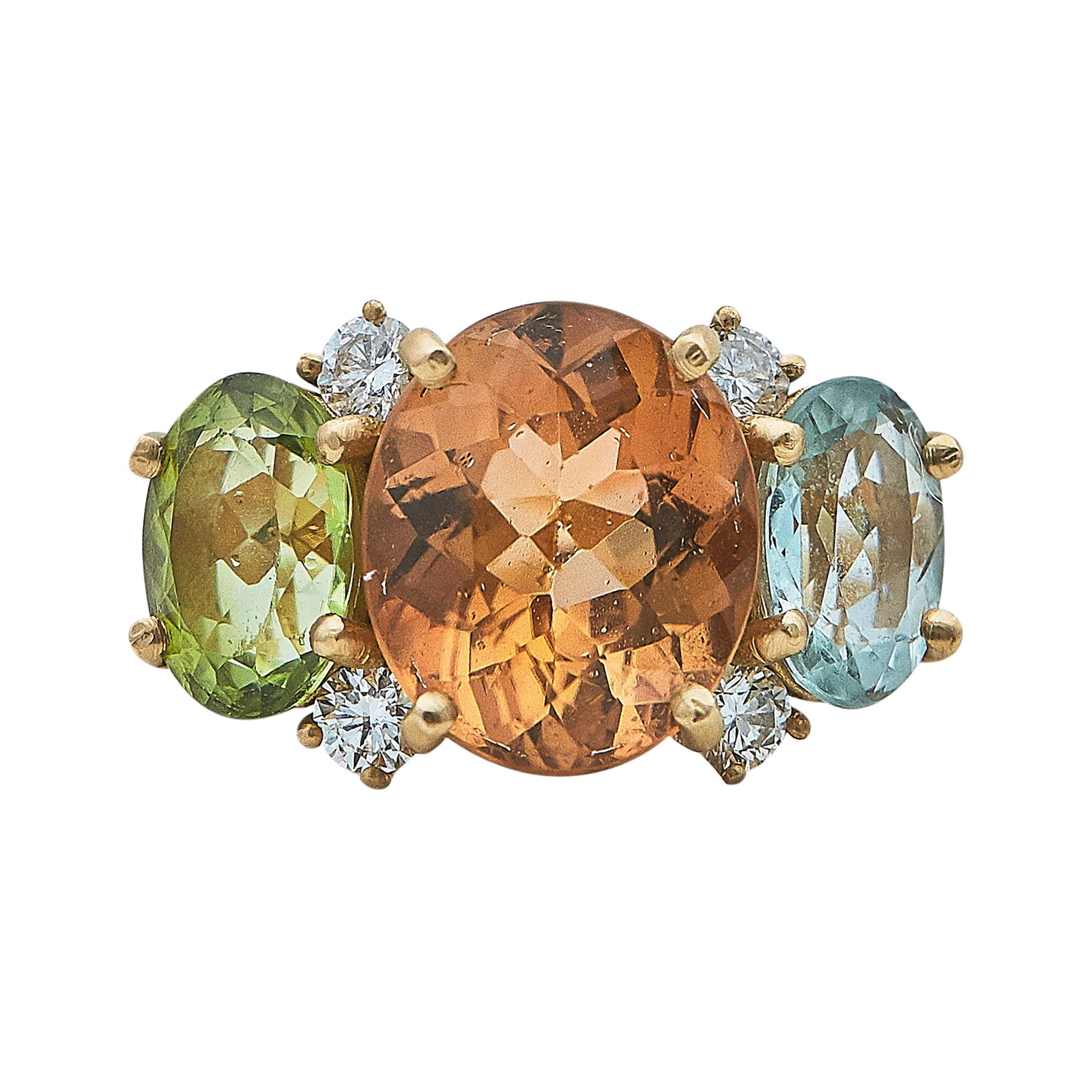 Irene Neuwirth 18K Rose Gold, Tourmaline, and Diamond Ring: BRAND: Irene Neuwirth; METAL: 18K Rose Gold; APPROXIMATE TOTAL DIAMOND WEIGHT: 0.32 ctw; GEMSTONES: Tourmaline; STAMPED: Irene, 18K; CONDITION: Pre-owned, Very Good; ITEM WEIGHT (GRAMS): 6.5 g; MEASUR