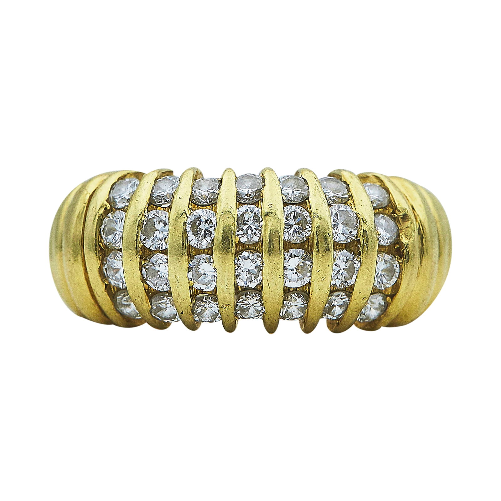 18K Yellow Gold and Diamond Ribbed Band Ring: METAL: 18K Yellow Gold; APPROXIMATE TOTAL DIAMOND WEIGHT: 0.84 ctw; STAMPED: SB, 18K; CONDITION: Pre-owned, Good; ITEM WEIGHT (GRAMS): 8.63 g; MEASUREMENTS: Ring size 6