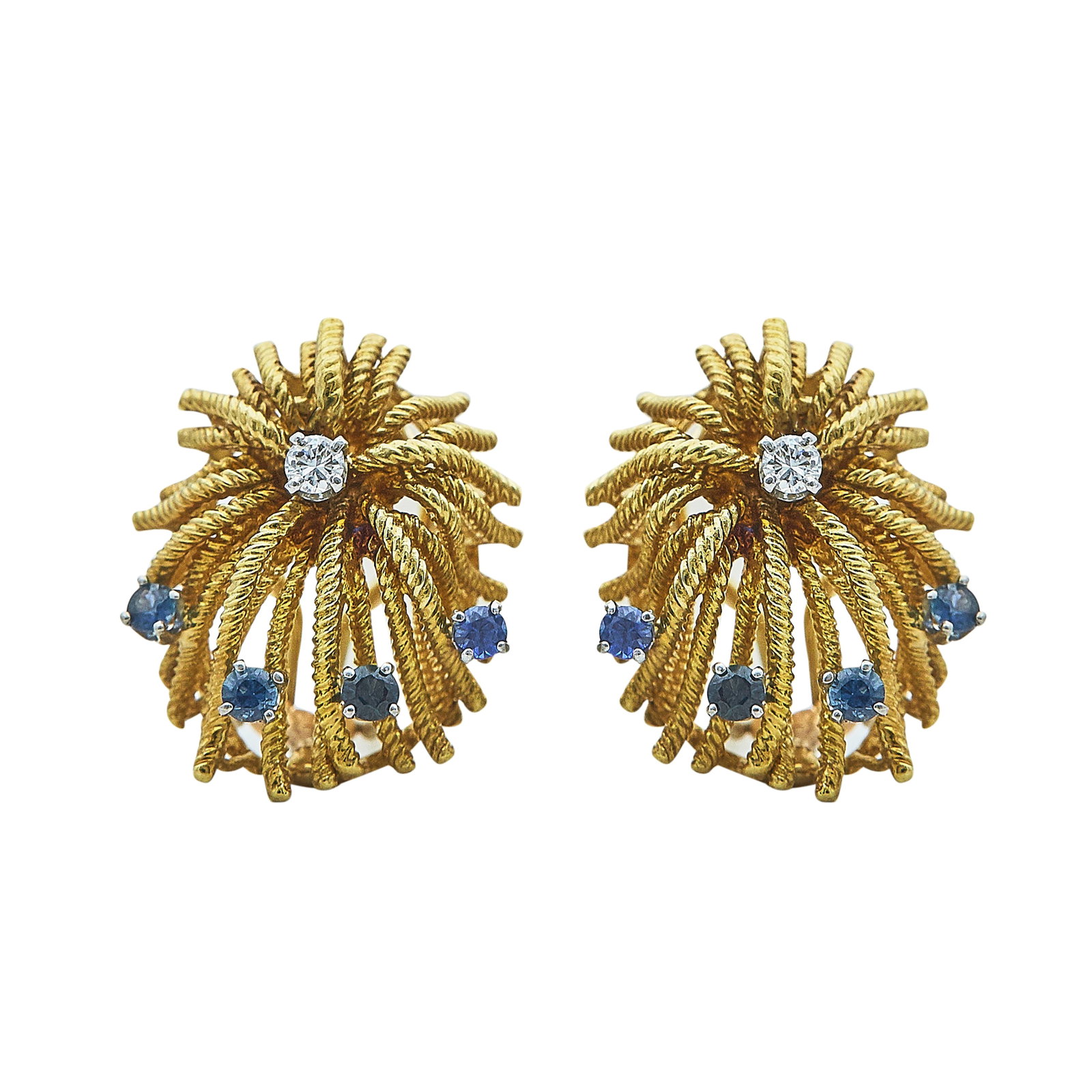 18K Yellow Gold, Sapphire, and Diamond Ropework Earrings: METAL: 18K Yellow Gold; APPROXIMATE TOTAL DIAMOND WEIGHT: 0.20 ctw; GEMSTONES: Sapphire; STAMPED: 18K; CONDITION: Pre-owned, Good; ITEM WEIGHT (GRAMS): 16.1 g; MEASUREMENTS: Earrings 7/8 inch long x 3