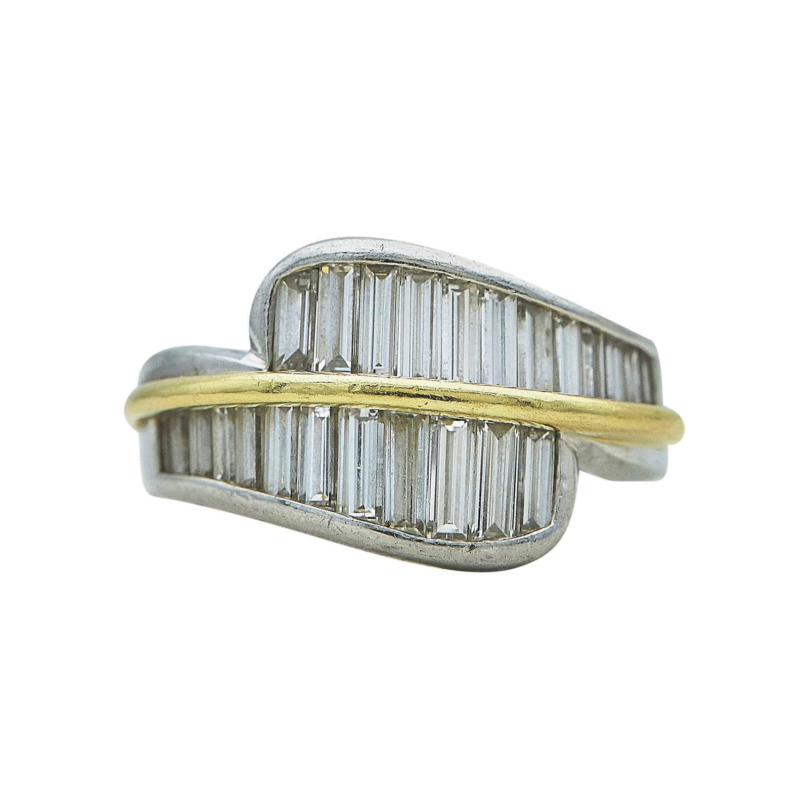 Platinum and 18K Yellow Gold Baguette Cut Diamond Band Ring: METAL: 18K Yellow Gold/Platinum; APPROXIMATE TOTAL DIAMOND WEIGHT: 2 ctw; STAMPED: PLAT, maker's mark; TESTED: 18K Yellow Gold/Platinum; CONDITION: Pre-owned, Good; ITEM WEIGHT (GRAMS): 12.28 g; MEASU