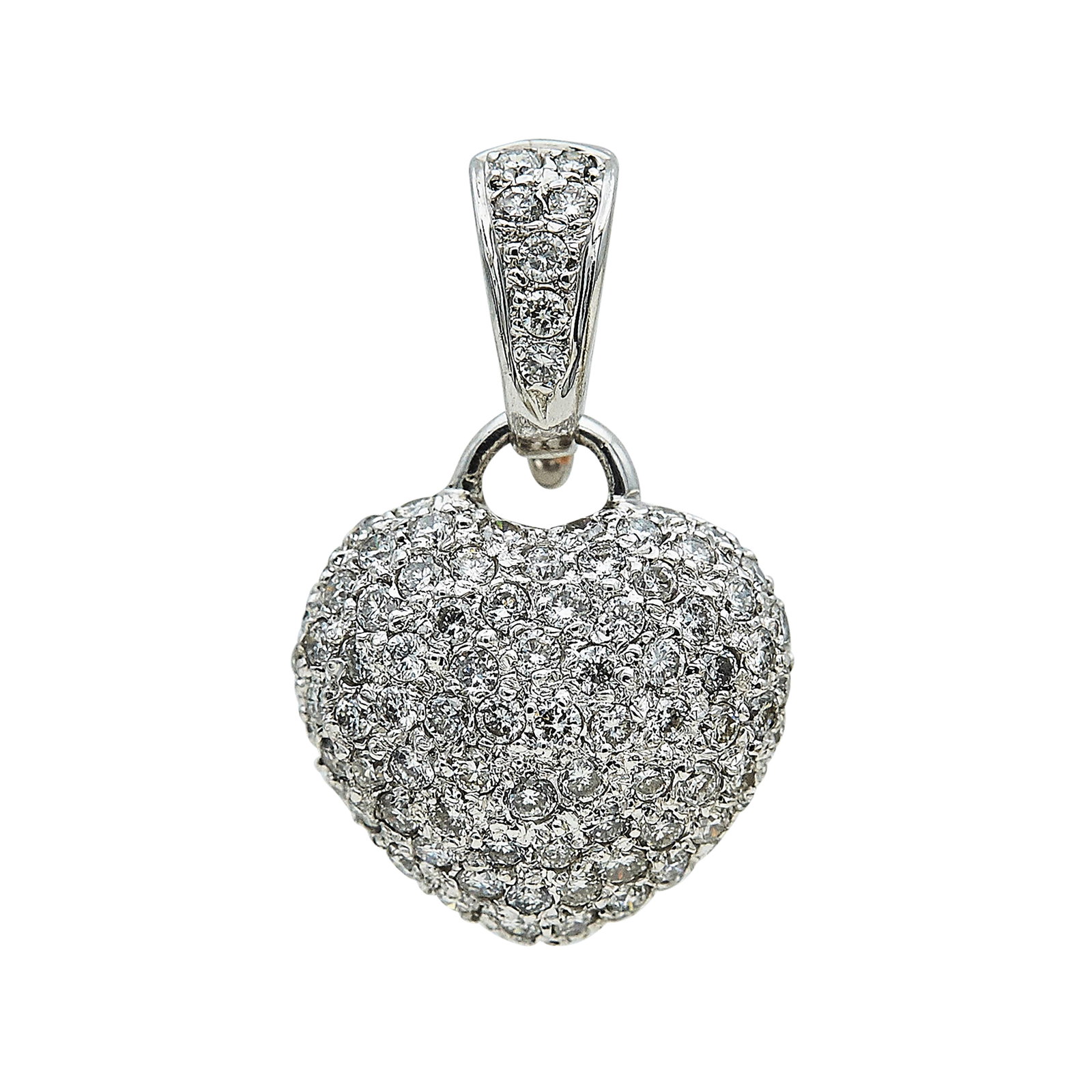 18K White Gold and Diamond Puffy Heart Pendant: METAL: 18K White Gold; APPROXIMATE TOTAL DIAMOND WEIGHT: 1.25 ctw; STAMPED: 18K, 750; CONDITION: Pre-owned, Good; ITEM WEIGHT (GRAMS): 3.51 g; MEASUREMENTS: Pendant 15/16 inch long including bail x 9/