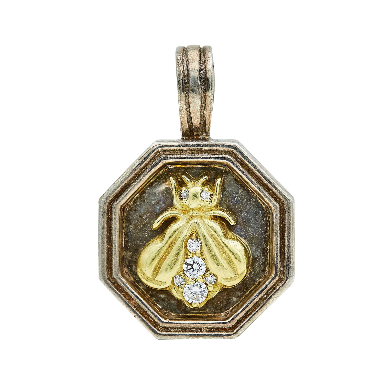 Slane & Slane 18K Yellow Gold, Sterling Silver, and Diamond Hexagon Bumblebee Pendant: BRAND: Slane & Slane; METAL: 18K Yellow Gold/Silver; APPROXIMATE TOTAL DIAMOND WEIGHT: 0.10 ctw; STAMPED: Maker's marks, 750, .925; CONDITION: Pre-owned, Good; ITEM WEIGHT (GRAMS): 11.9 g; MEASUREMENT