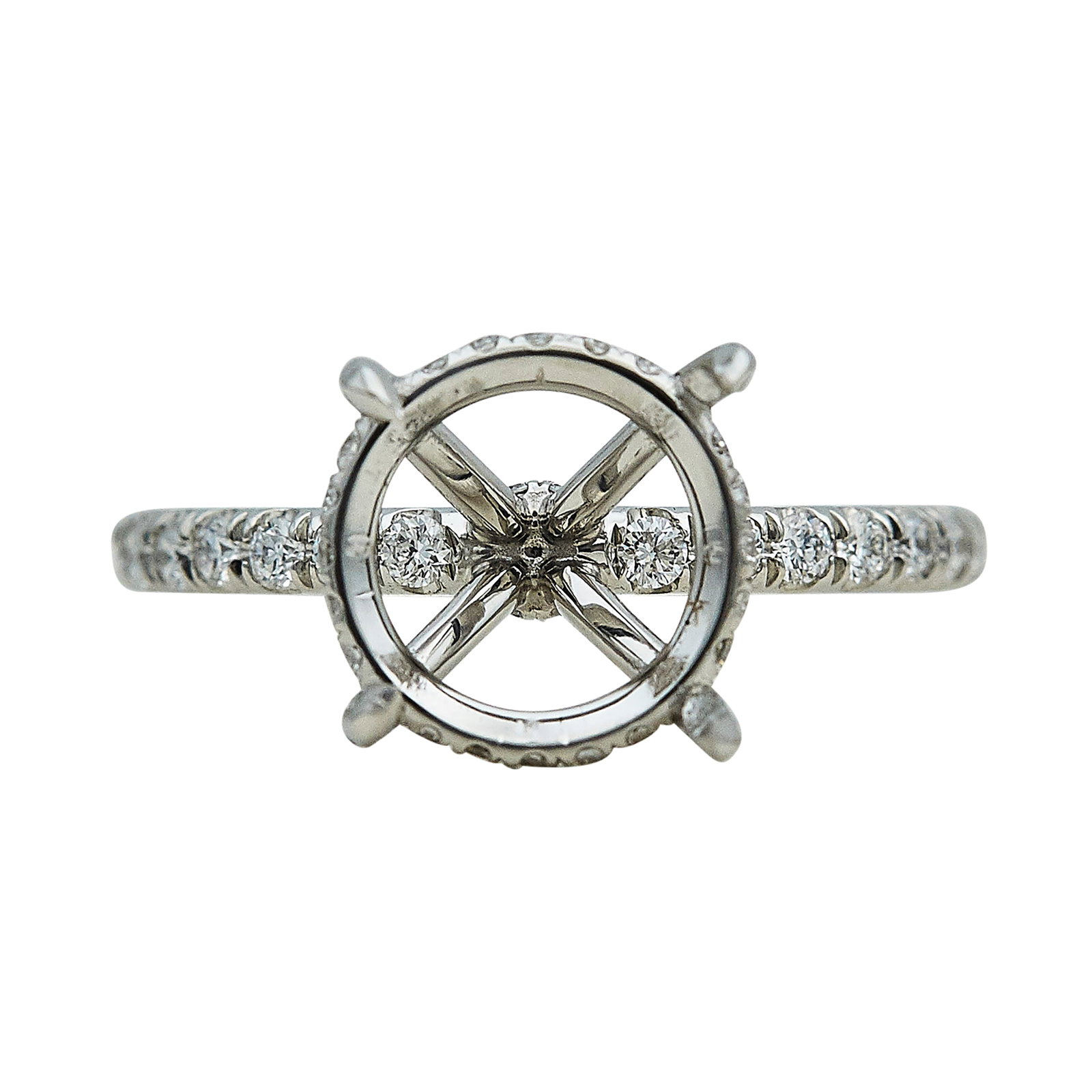 Platinum and Diamond Engagement Ring Setting: METAL: Platinum; APPROXIMATE TOTAL DIAMOND WEIGHT: 0.45 ctw; STAMPED: PLAT; CONDITION: Pre-owned, Very Good; ITEM WEIGHT (GRAMS): 3.9 g; MEASUREMENTS: Ring size 5 1/2, Center will fit approx. 9.85 mm 