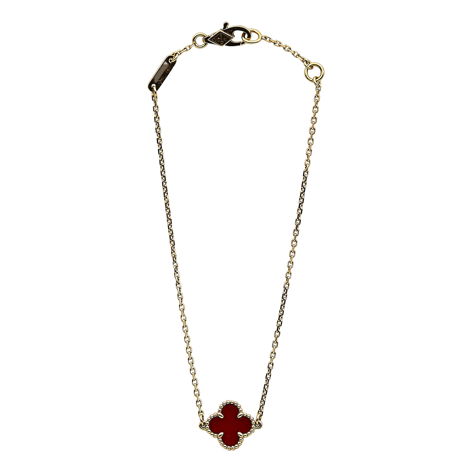Van Cleef & Arpels Alhambra Sweet 18K Rose Gold and Carnelian Bracelet: BRAND: VCA; COLLECTION: Alhambra (Sweet); METAL: 18K Rose Gold; GEMSTONES: Carnelian; STAMPED: VCA, Au750, Serial number, French marks; CONDITION: Pre-owned, Very Good; ITEM WEIGHT (GRAMS): 1.9 g; MEA