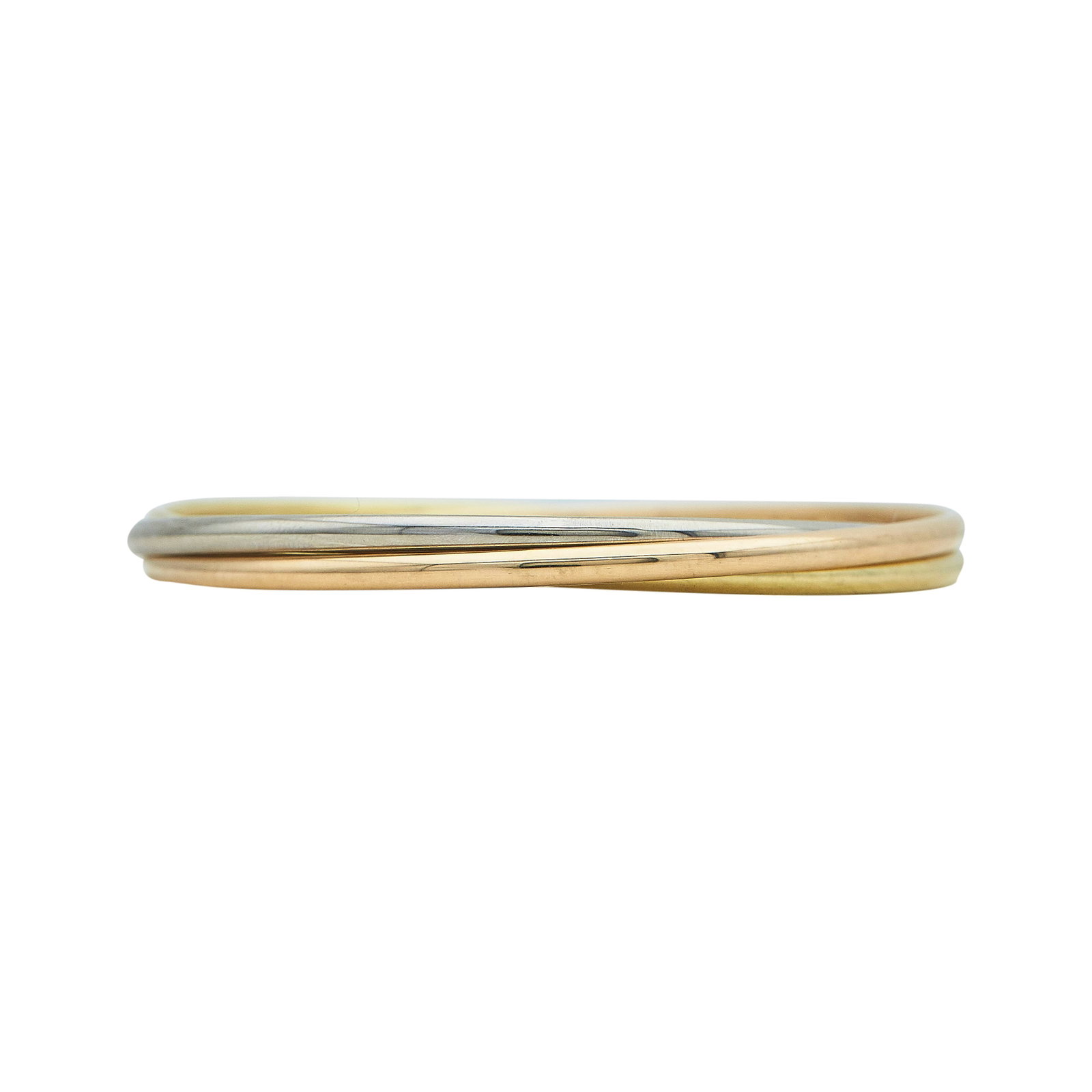 Cartier Trinity Small Model 18K Tri-Color Gold Bangle Bracelet: BRAND: Cartier; COLLECTION: Trinity; METAL: 18K Tri-Color; STAMPED: © Cartier, 16, Serial number, Au750, Maker's mark, French marks; CONDITION: Pre-owned, Excellent; ITEM WEIGHT (GRAMS): 34.8 g; MEAS