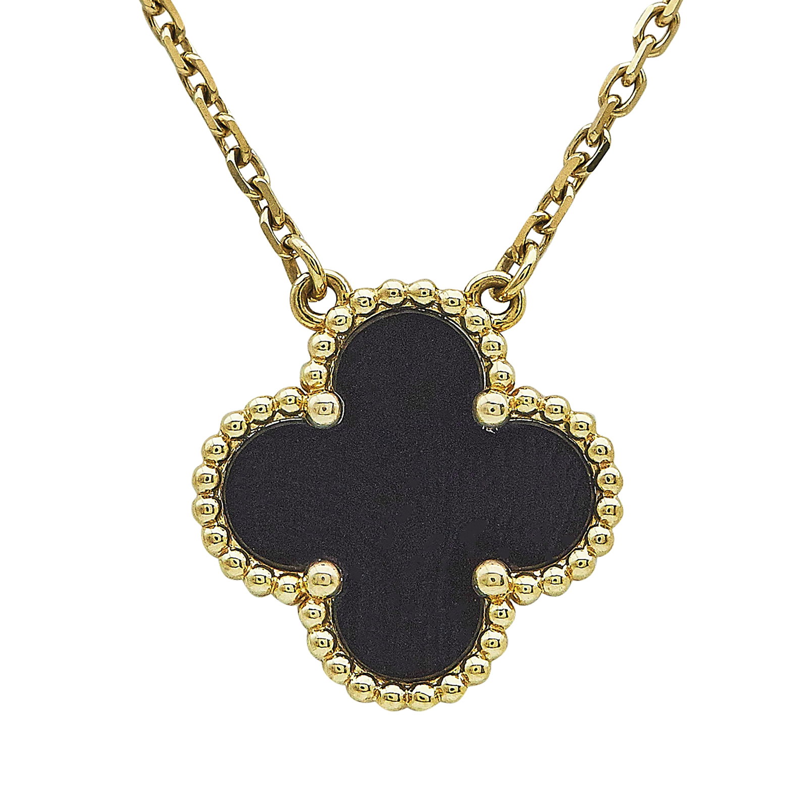 Van Cleef & Arpels Alhambra Vintage 18K Yellow Gold and Onyx Pendant Necklace: BRAND: VCA; COLLECTION: Alhambra (Vintage); METAL: 18K Yellow Gold; GEMSTONES: Onyx; STAMPED: VCA, Au750, Serial number, French mark; CONDITION: Pre-owned, Very Good; ITEM WEIGHT (GRAMS): 5.4 g; MEASU