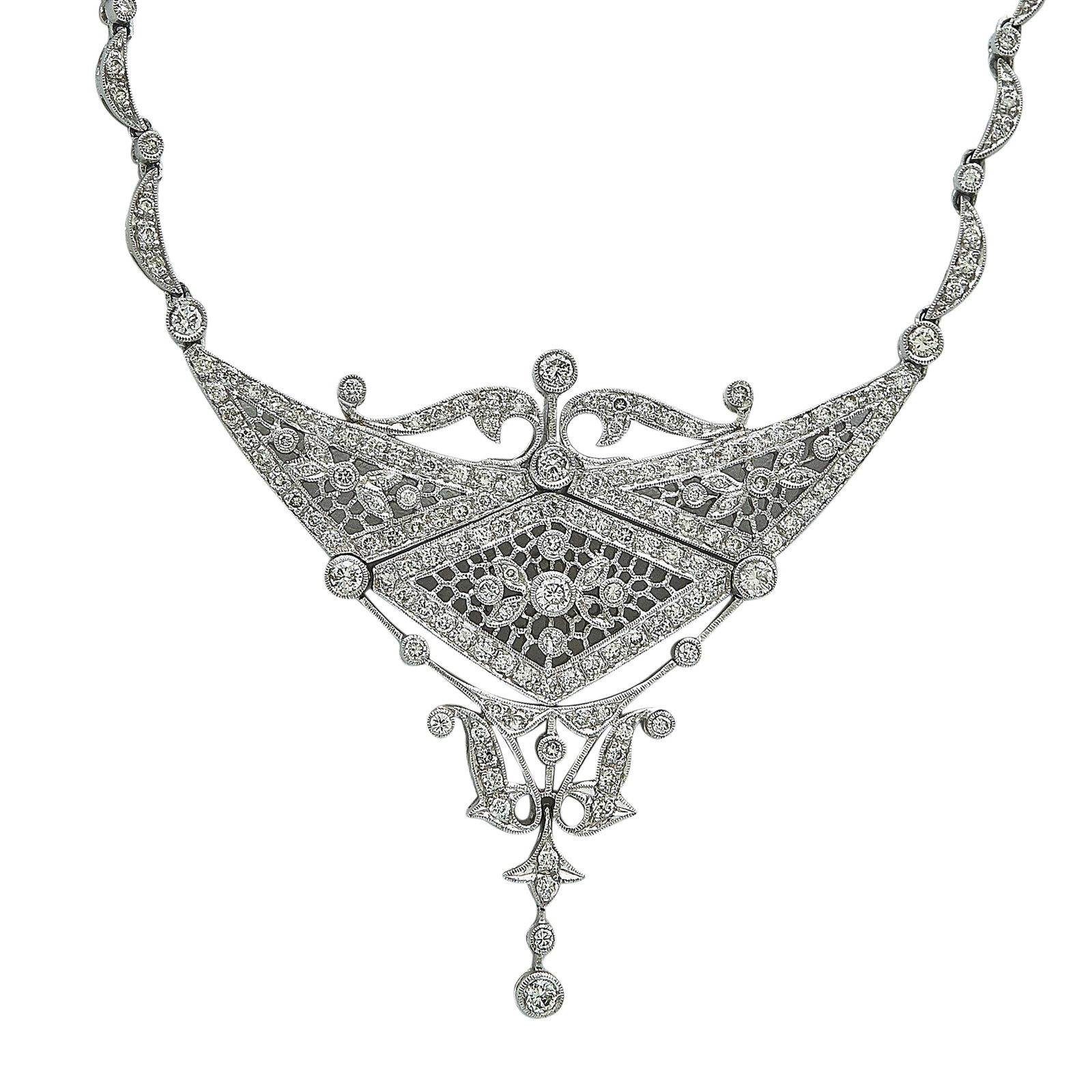 18K White Gold and Diamond Lavalier Necklace: METAL: 18K White Gold; APPROXIMATE TOTAL DIAMOND WEIGHT: 1.80 ctw; STAMPED: 750; CONDITION: Pre-owned, Very Good; ITEM WEIGHT (GRAMS): 17.1 g; MEASUREMENTS: Necklace approx. 19 inches long, Drop appro