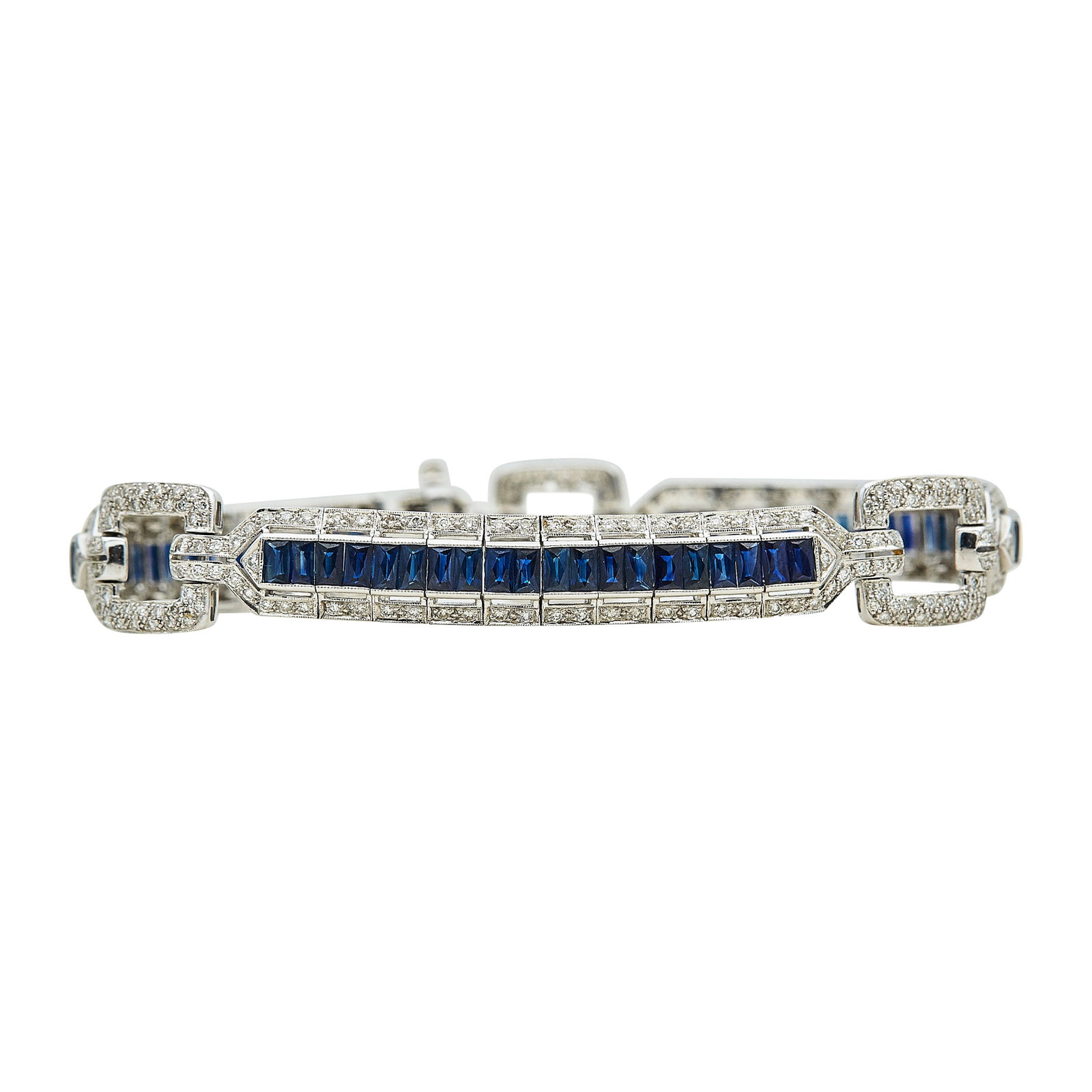 18K White Gold, Sapphire, and Diamond Link Bracelet: METAL: 18K White Gold; APPROXIMATE TOTAL DIAMOND WEIGHT: 1.42 ctw; GEMSTONES: Sapphire; STAMPED: 750, 241; CONDITION: Pre-owned, Very Good; ITEM WEIGHT (GRAMS): 20.3 g; MEASUREMENTS: Bracelet approx. 