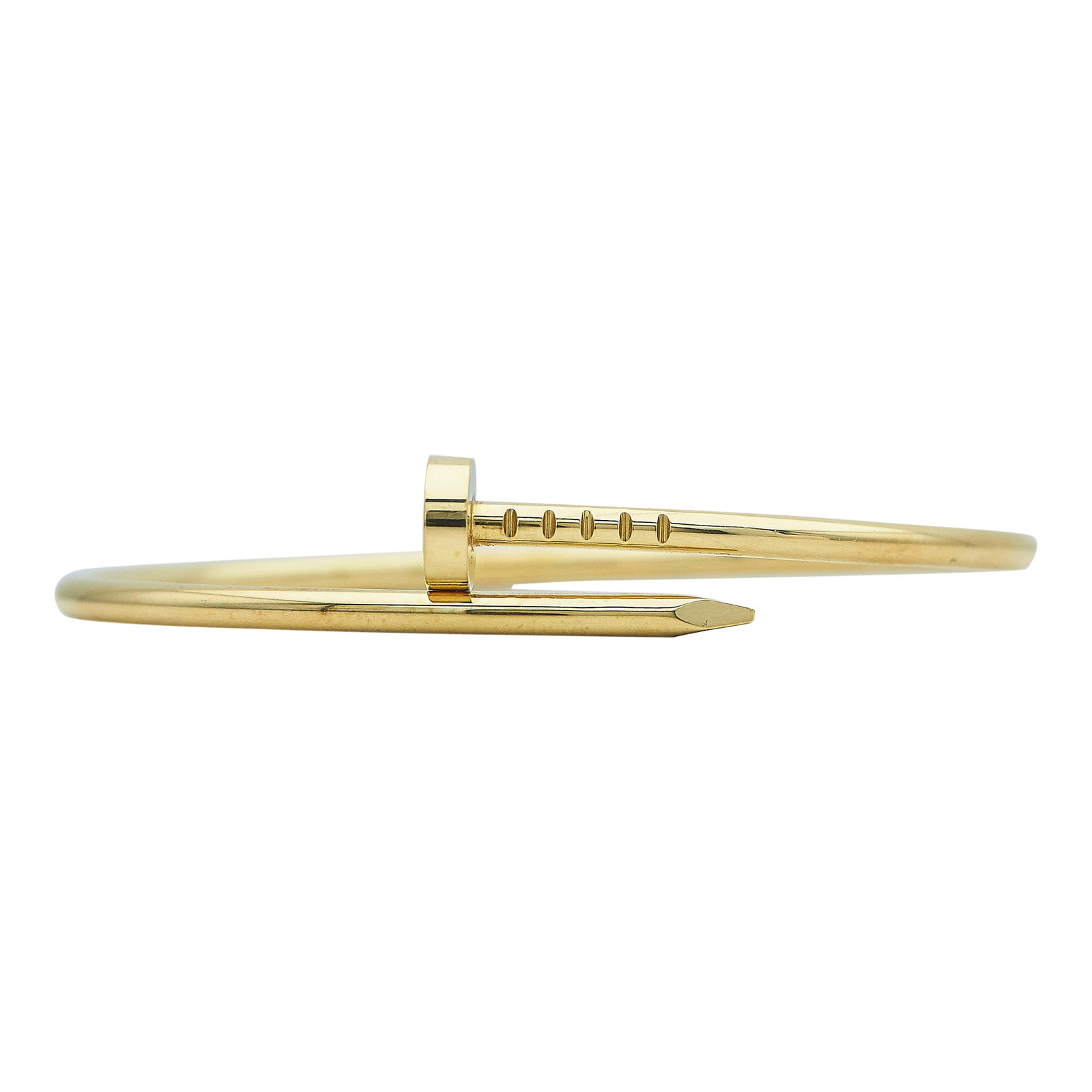 Cartier Juste un Clou Small Model 18K Yellow Gold Bracelet: BRAND: Cartier; COLLECTION: Juste un Clou; METAL: 18K Yellow Gold; STAMPED: © Cartier, 15, Serial number, Au750, Maker's mark; CONDITION: Pre-owned, Very Good; ITEM WEIGHT (GRAMS): 8.8 g; MEASUREMENT