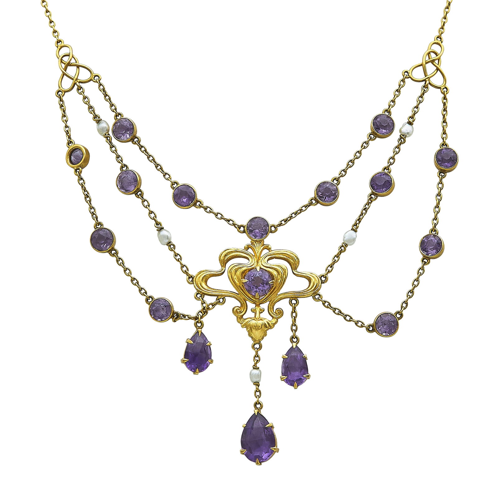 Art Nouveau 14K Yellow Gold, Amethyst, and Pearl Swag Necklace: METAL: 14K Yellow Gold; GEMSTONES: Amethyst, Pearl; TESTED: 14K Yellow Gold; CONDITION: Pre-owned, Very Good; ITEM WEIGHT (GRAMS): 13.7 g; MEASUREMENTS: Necklace 15 inches long