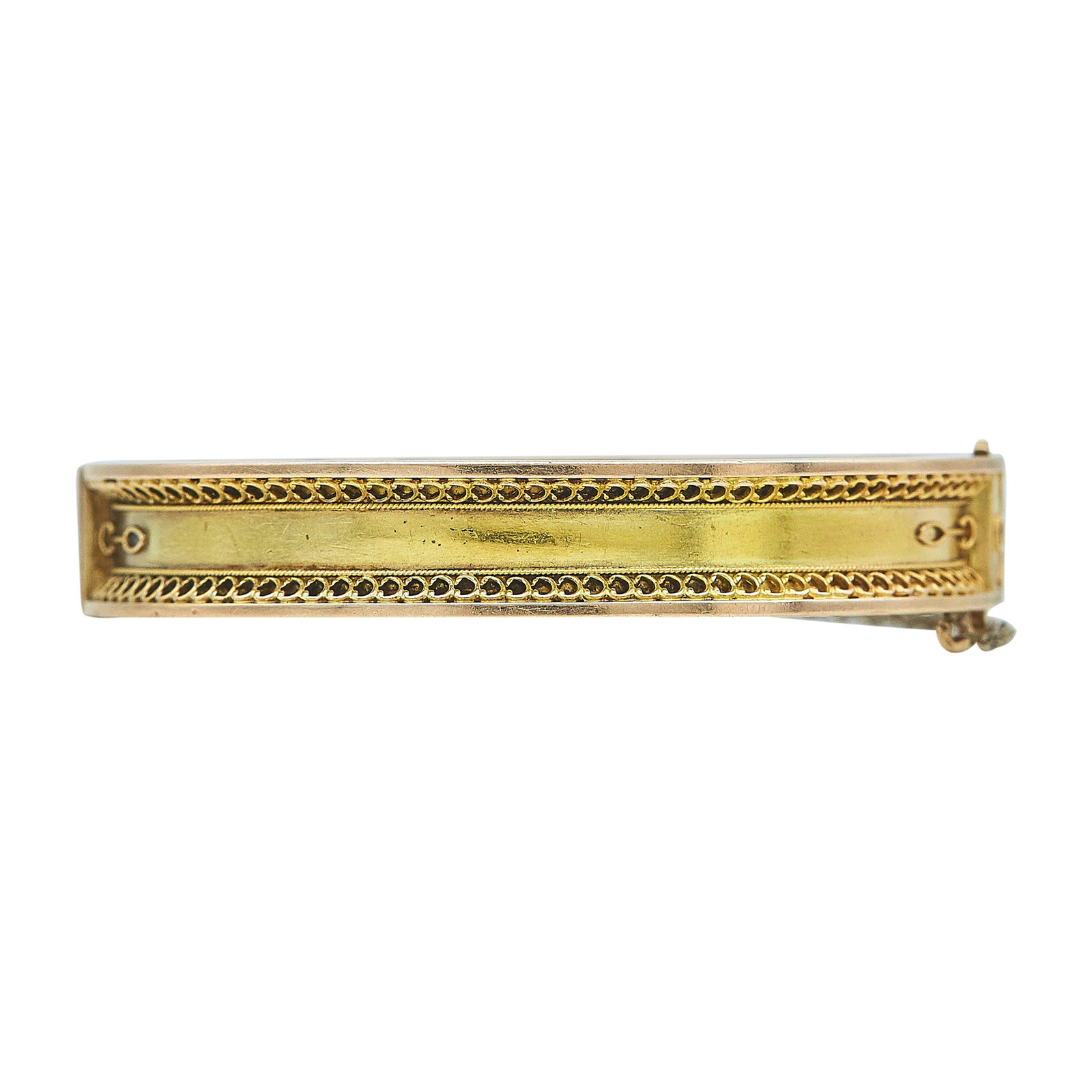 Antique Victorian 14K Yellow Gold Hinged Bangle Bracelet: METAL: 14K Yellow Gold; TESTED: 14K Yellow Gold; CONDITION: Pre-owned, Good; ITEM WEIGHT (GRAMS): 14.4 g; MEASUREMENTS: Bracelet interior circumference approx. 6 1/8 inches, Bracelet 3/8 inch wide;