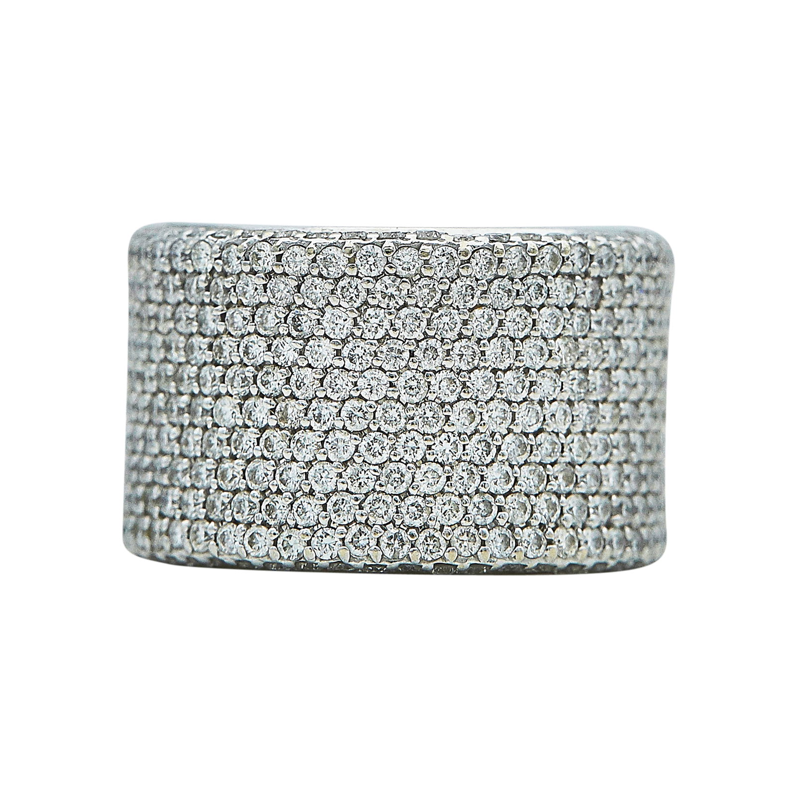 14K White Gold and Diamond Three-Quarter Pave Band Ring: METAL: 14K White Gold; APPROXIMATE TOTAL DIAMOND WEIGHT: 4 ctw; STAMPED: 14K, SOFER; CONDITION: Pre-owned, Good; ITEM WEIGHT (GRAMS): 10 g; MEASUREMENTS: Ring size 5