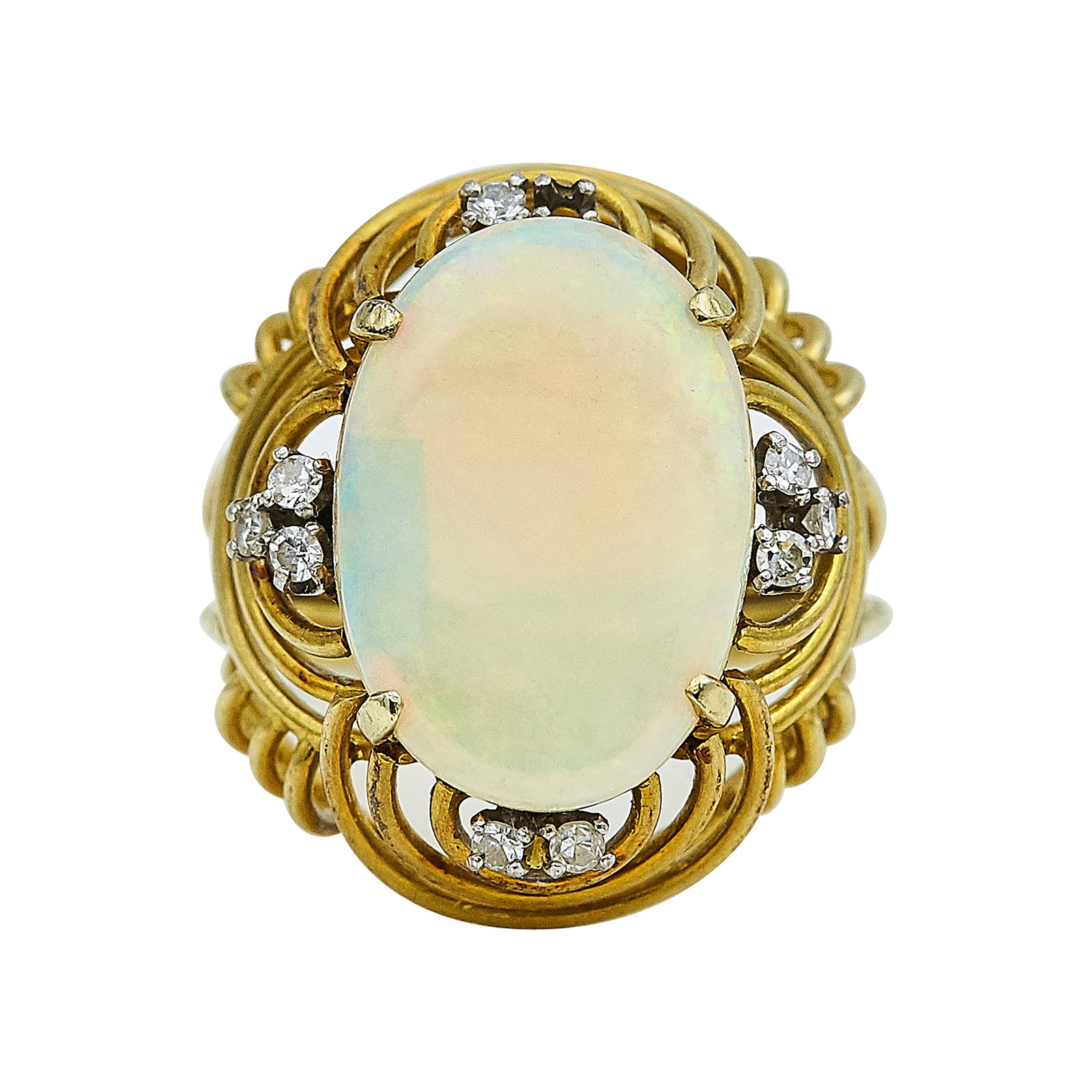 14K Yellow Gold, Opal, and Diamond Cocktail Ring: METAL: 14K Yellow Gold; APPROXIMATE TOTAL DIAMOND WEIGHT: 0.13 ctw; GEMSTONES: Opal; STAMPED: 14K, 585; CONDITION: Pre-owned, Good; ITEM WEIGHT (GRAMS): 7.6 g; MEASUREMENTS: Ring size 5 1/2; ADDITIONA