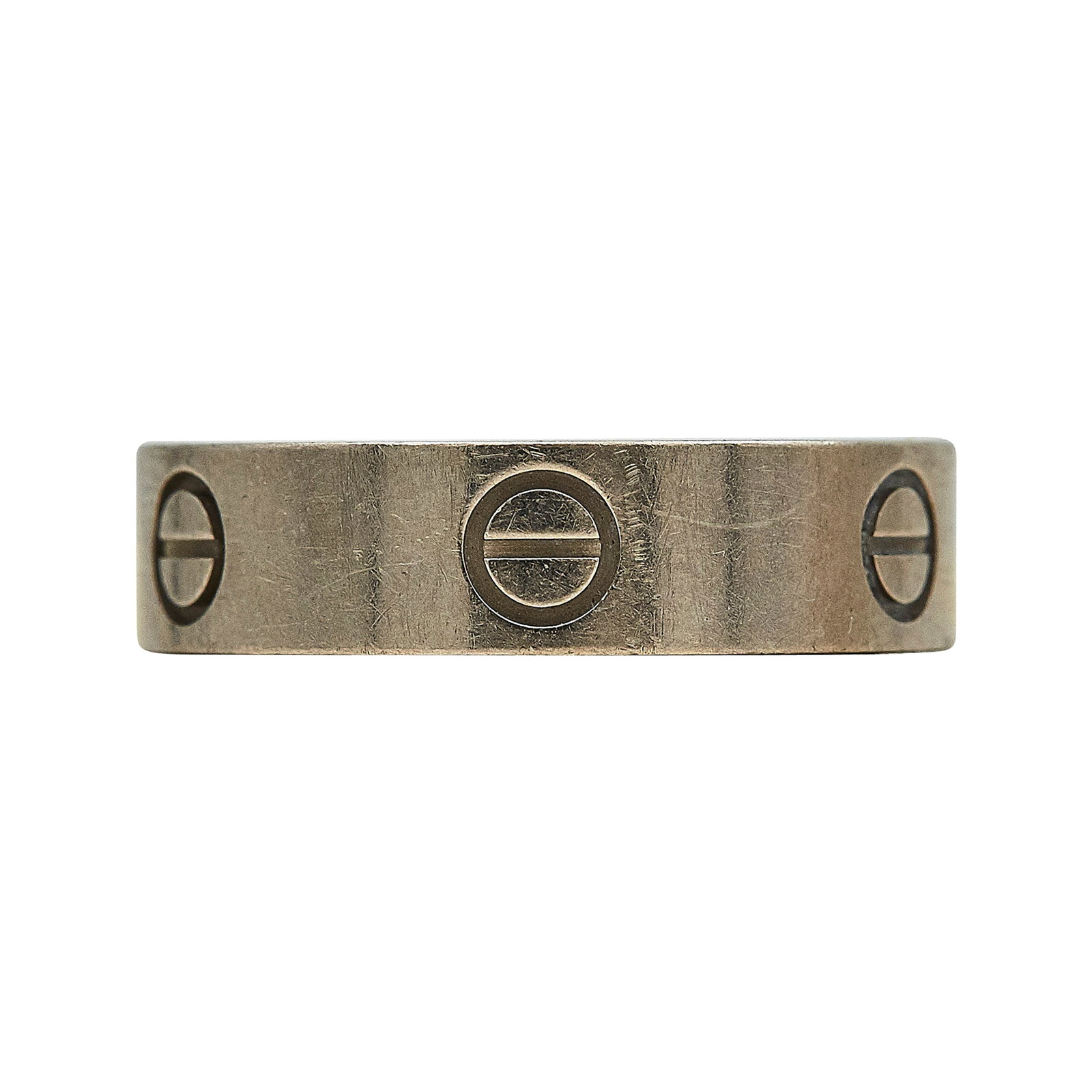 Cartier Love Classic Model 18K White Gold Band Ring: BRAND: Cartier; COLLECTION: Love; METAL: 18K White Gold; STAMPED: © Cartier, 59, serial number, Au750, Italian workshop mark; CONDITION: Pre-owned, Good; ITEM WEIGHT (GRAMS): 6.9 g; MEASUREMENTS: Rin