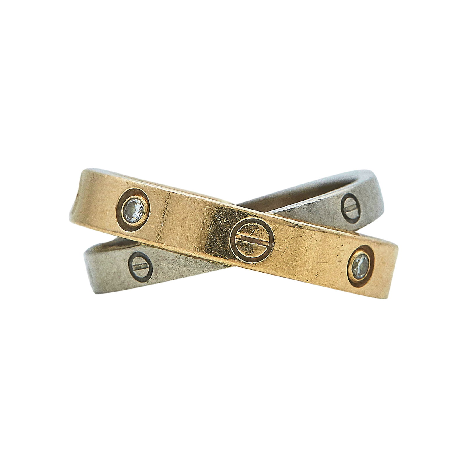 Cartier Love 18K Rose & White Gold 6 Diamond Interlocking Bang Ring: BRAND: Cartier; COLLECTION: Love; METAL: 18K Rose Gold/White Gold; APPROXIMATE TOTAL DIAMOND WEIGHT: 0.07 ctw; STAMPED: © Cartier, 49, Serial number, Au750, Maker's mark; CONDITION: Pre-owned, Good; 