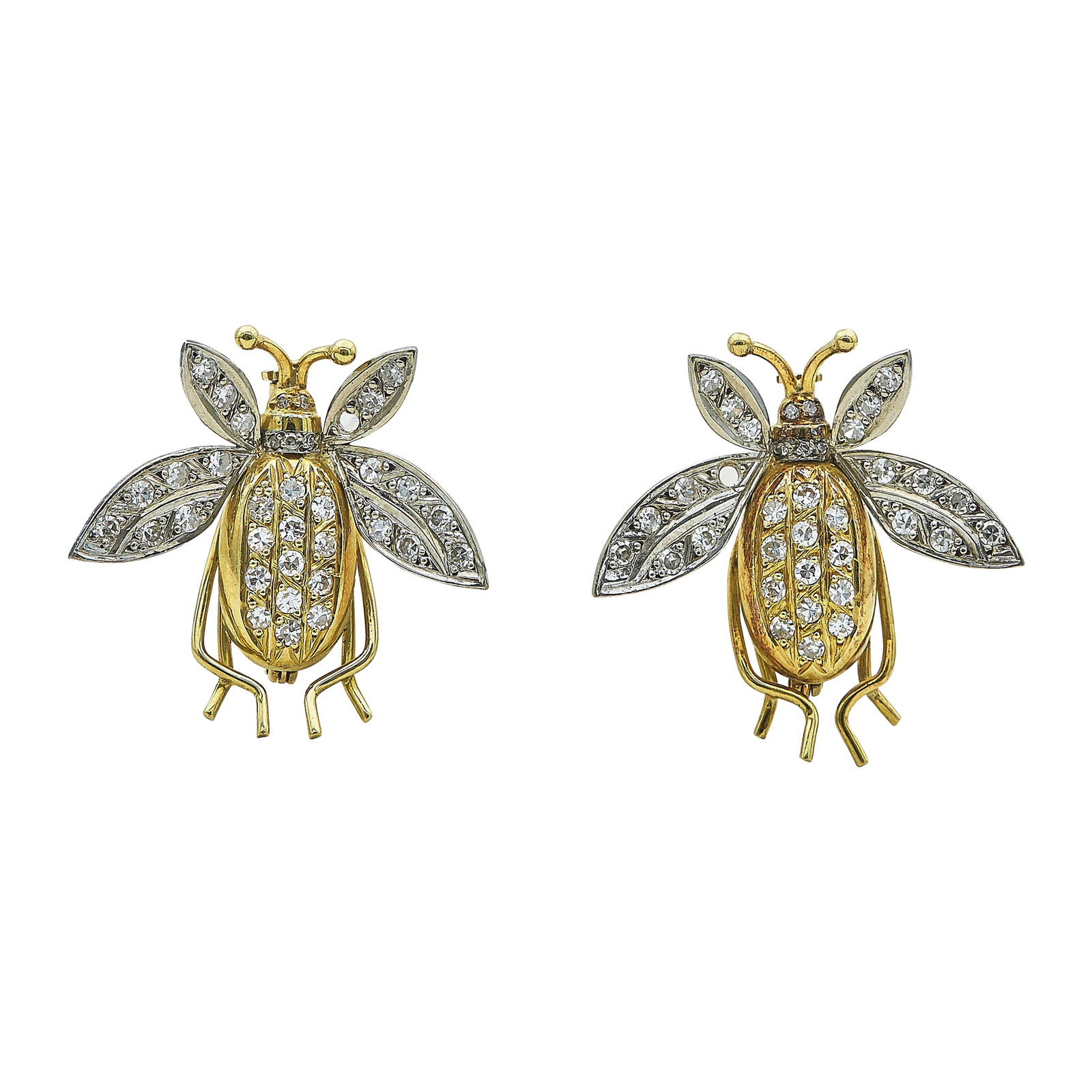18K Yellow and White Gold Diamond Bug Brooch Set: METAL: 18K Yellow Gold/White Gold; TESTED: 18K Yellow Gold/White Gold; CONDITION: Pre-owned, Good; ITEM WEIGHT (GRAMS): 8.6 g; MEASUREMENTS: Brooches each approx. 1 inch long x 1 1/16 inch wide; ADDIT
