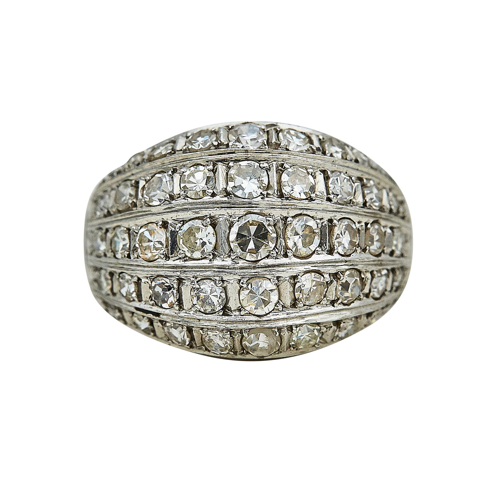 Platinum and Diamond Bombe Ring: METAL: Platinum; APPROXIMATE TOTAL DIAMOND WEIGHT: 1.35 ctw; TESTED: Platinum; CONDITION: Pre-owned, Very Good; ITEM WEIGHT (GRAMS): 6.1 g; MEASUREMENTS: Ring size 4