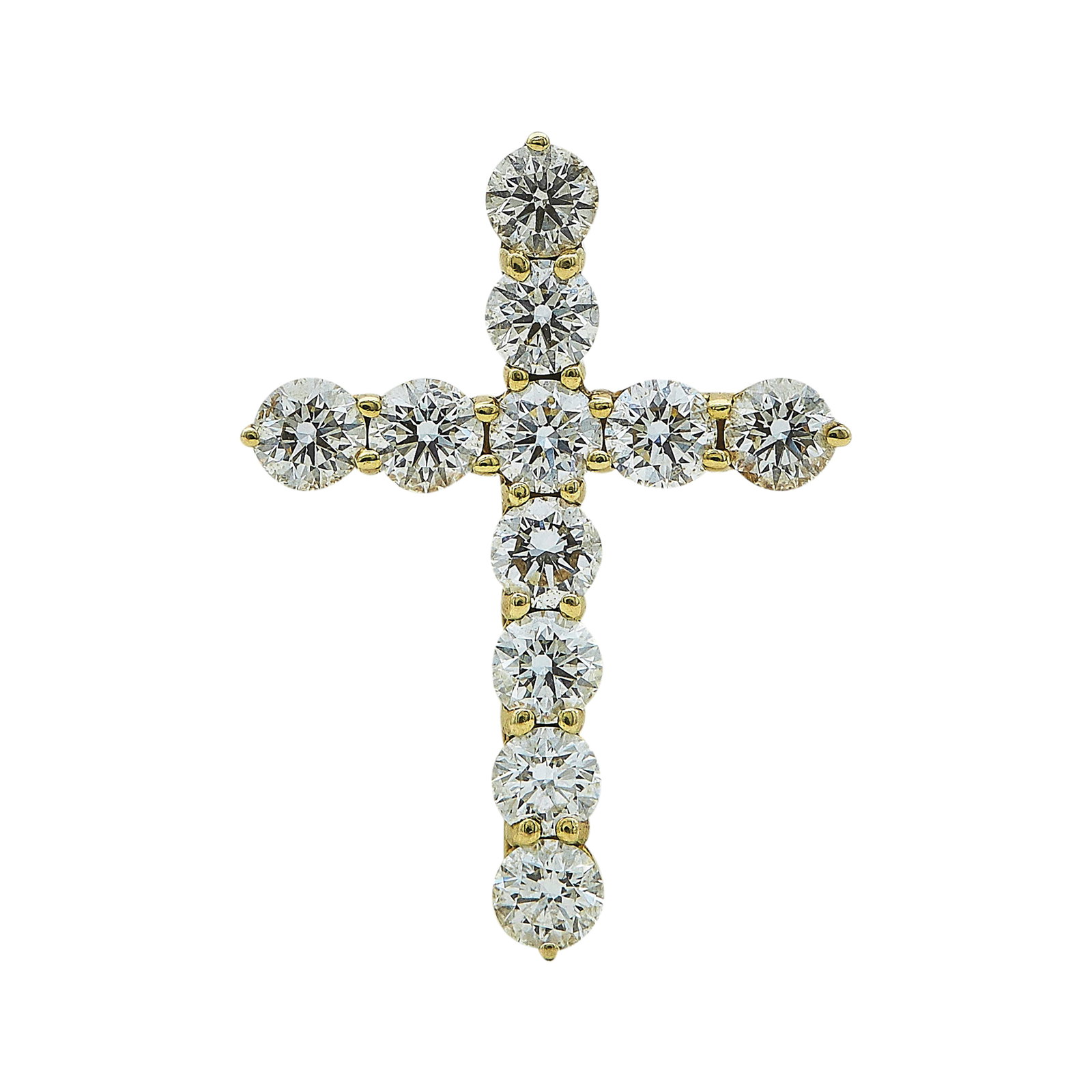 Tiffany & Co. 18K Yellow Gold and Diamond Cross Pendant: BRAND: Tiffany & Co.; METAL: 18K Yellow Gold; APPROXIMATE TOTAL DIAMOND WEIGHT: 2.31 ctw; STAMPED: Tiffany & Co., 750; CONDITION: Pre-owned, Very Good; ITEM WEIGHT (GRAMS): 2.1 g; MEASUREMENTS: