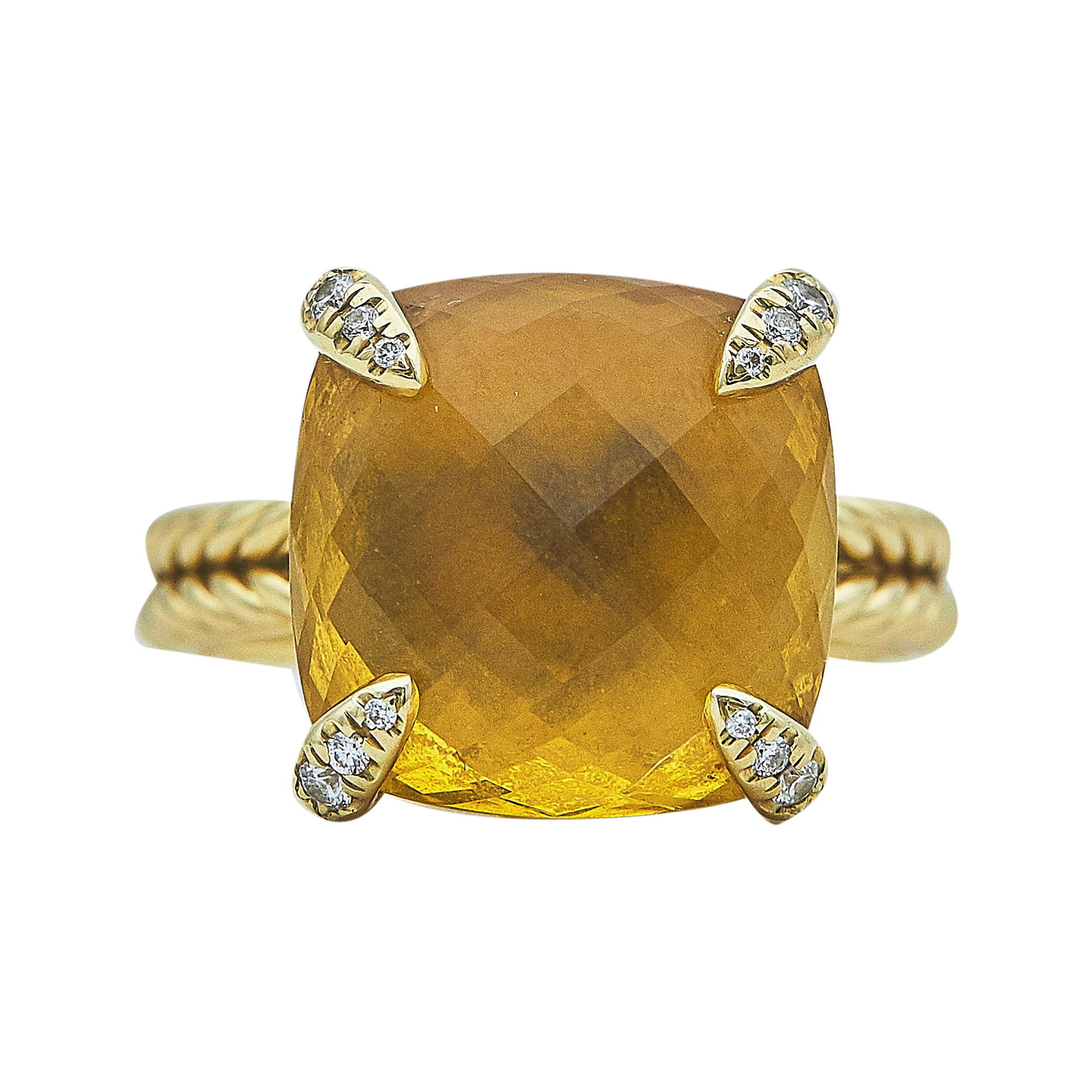 David Yurman Chalelaine 18K Yellow Gold, Double Rose Cut Citrine, and Diamond Ring: BRAND: David Yurman; COLLECTION: Chalelaine; METAL: 18K Yellow Gold; APPROXIMATE TOTAL DIAMOND WEIGHT: 0.06 ctw; GEMSTONES: Citrine approx. 13.60 mm x 13.90 mm, Rose cut citrine carat weight not