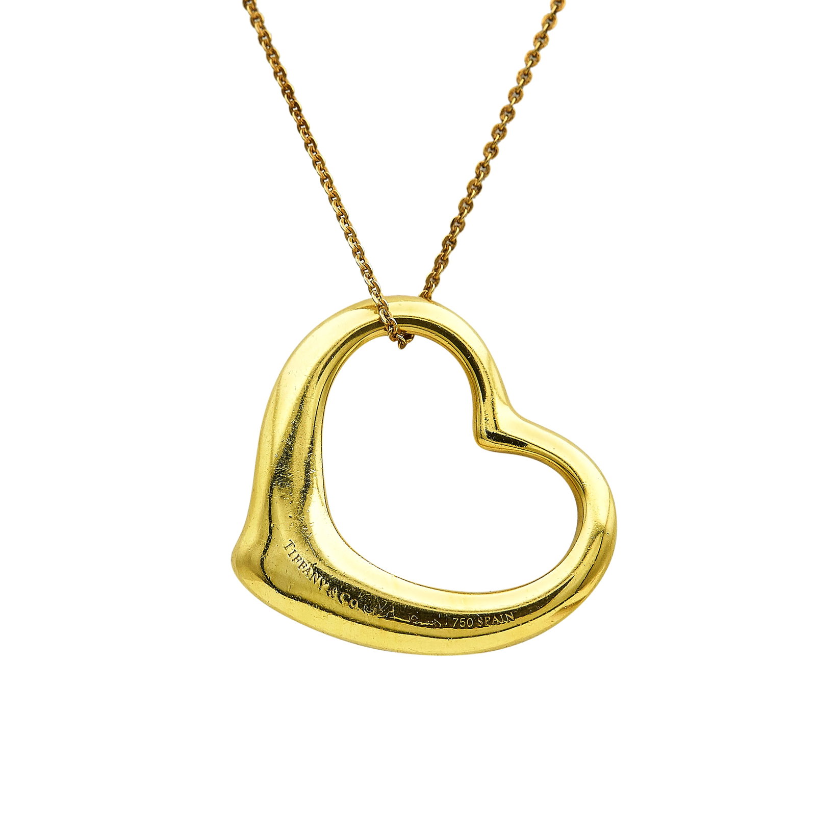 Tiffany & Co. Paloma Picasso 18K Yellow Gold Open Heart Pendant & 18K Yellow Gold Unbranded Chain: BRAND: Tiffany & Co.; COLLECTION: Paloma; METAL: 18K Yellow Gold; STAMPED: Pendant marked: Tiffany & Co., © Paloma Picasso, 750, SPAIN; Chain marked 750, Italian workshop mark; CONDITION: Pre-owned, 