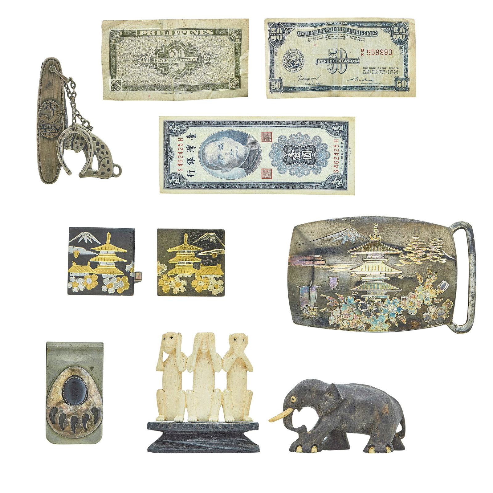 Mixed Lot 3: METAL: Sterling Silver; CONDITION: Pre-owned, Good; ITEM WEIGHT (GRAMS): 321.9 g; ADDITIONAL COMMENTS: Item 1: Carved ElephantItem 2: Carved Monkey "No Evil" Figurine Item 3: USN Cigarette box of war 