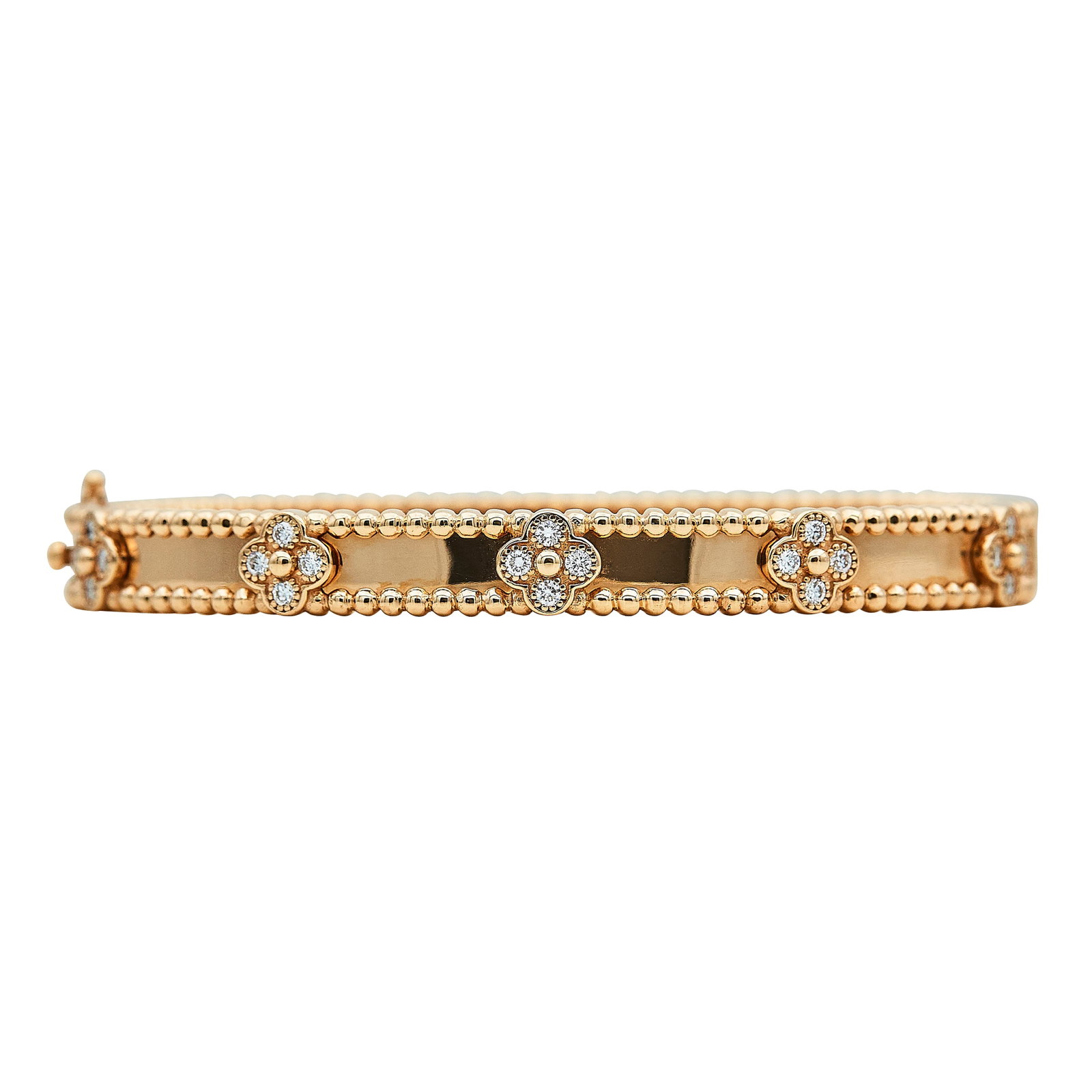18K Rose Gold and Diamond Bangle Bracelet: METAL: 18K Rose Gold; APPROXIMATE TOTAL DIAMOND WEIGHT: 0.40 ctw; STAMPED: Au750; TESTED: 18K Rose Gold; CONDITION: Pre-owned, Very Good; ITEM WEIGHT (GRAMS): 21.4 g; MEASUREMENTS: Bracelet inner circ